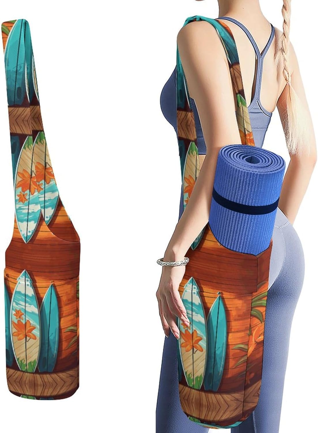 Yoga Mat Bags for Women Surfboard on Wooden Yoga Mat Storage Bag Exercise Yoga Mat Carrier Bag for Most Yoga Mats to Gym Class Beach Park Travel