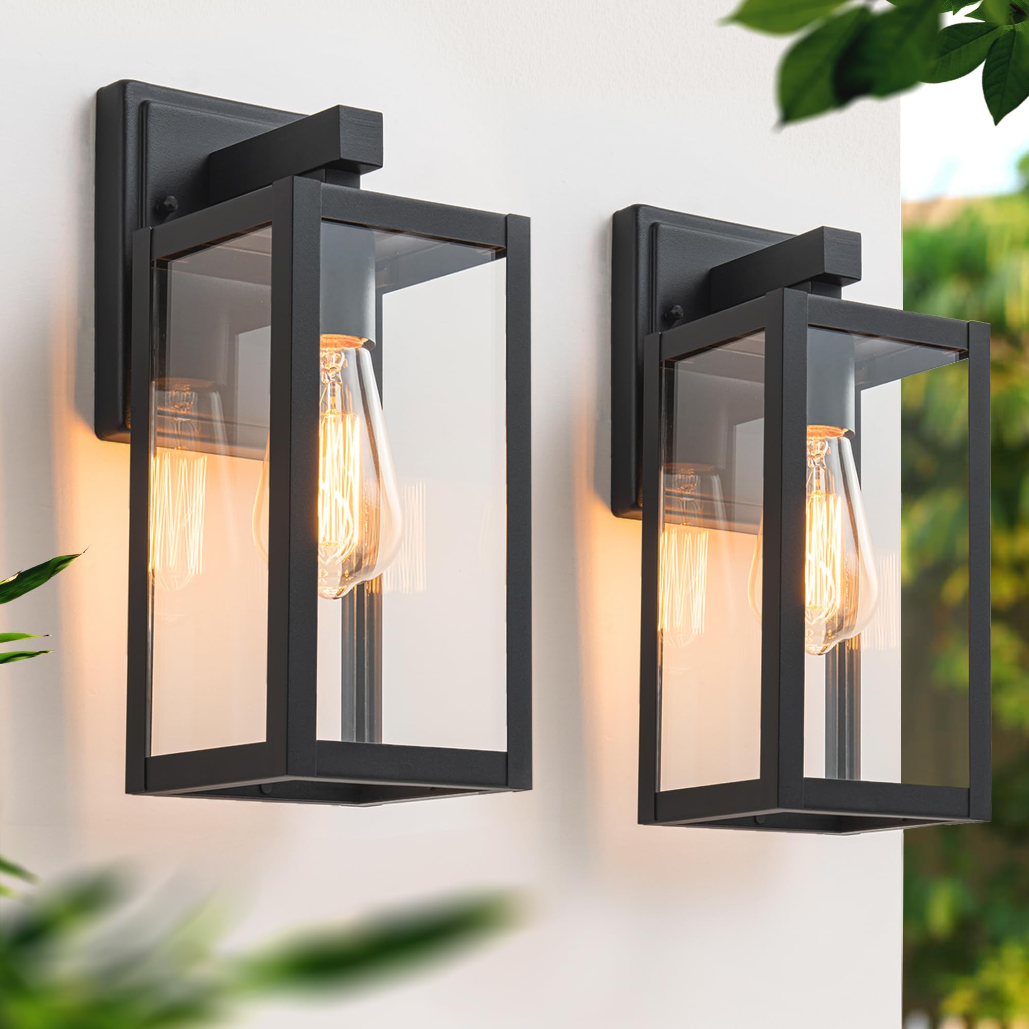 Applique Murale Extérieure FTL - 2 Lanternes En Verre, Noir Mat, IP44, Douille E27 Max 60W - Pour Porche, Garage, Jardin