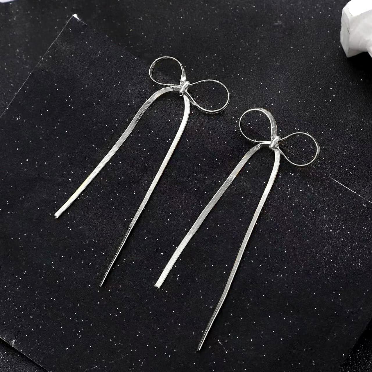 Gold Bow Drop Dangle Earrings for Women,Silver Long Tassel Snake Chain Statement Earrings,Fashion Wedding Jewelry accessories Gifts - Image 4