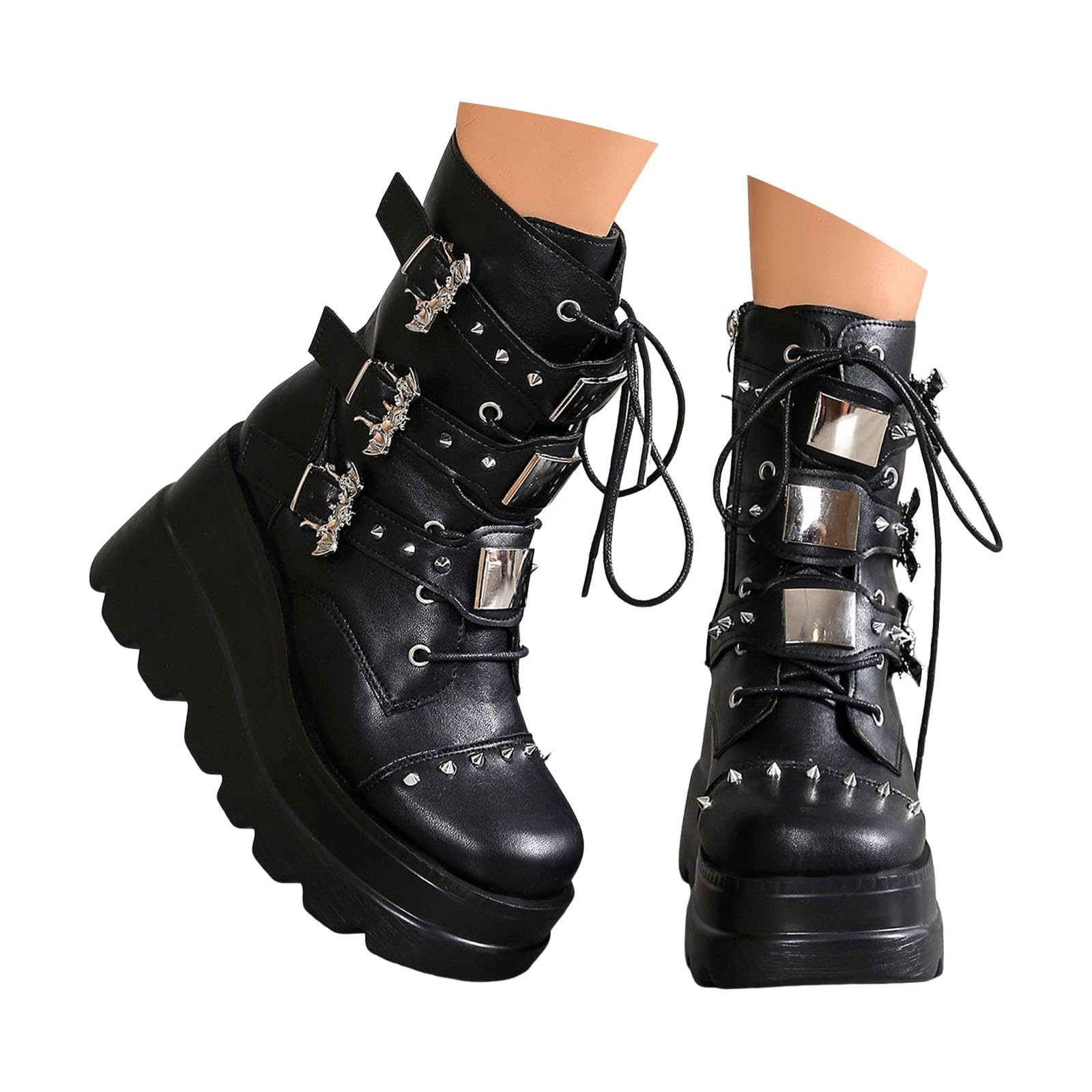 Generisch Plateau Stiefel Damen Gothic Stiefel Chunky Punk Rave Absatz Gothic Schuhe Reißverschluss Boots Schnürung Runde Zehe Kampfstiefel Motorrad Rave Party Musikfestival Cosplay Stiefeletten