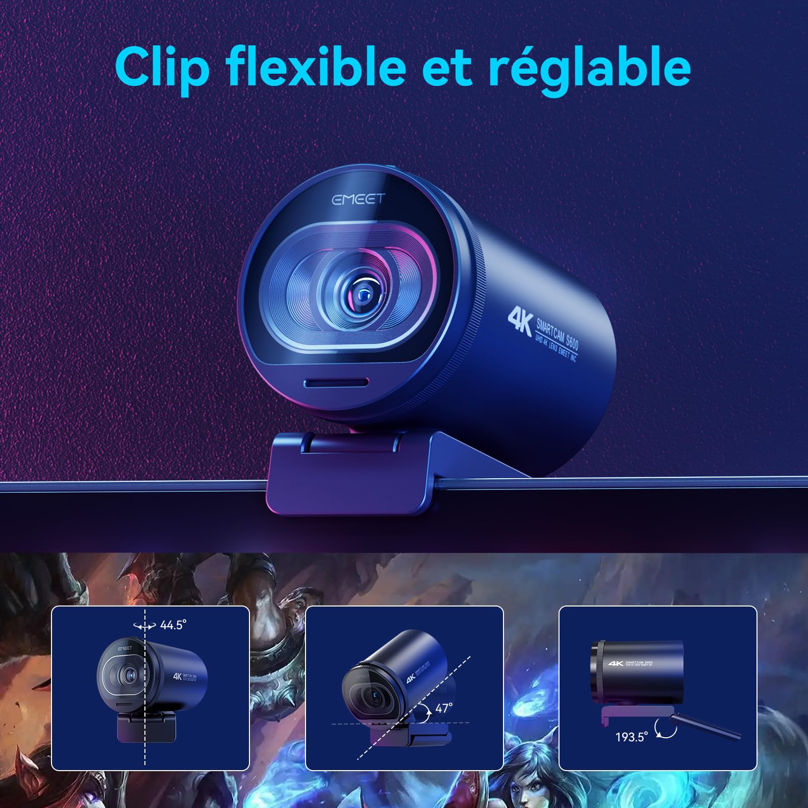 eMeet Webcam 4K S600, Webcam 1080P pour PC avec Microphone, Autofocus PDAF, Correction de la lumière, Champ de Vision 73°, Cache de confidentialité, Plug&Play, Camera pc avec Microphone pour Zoom