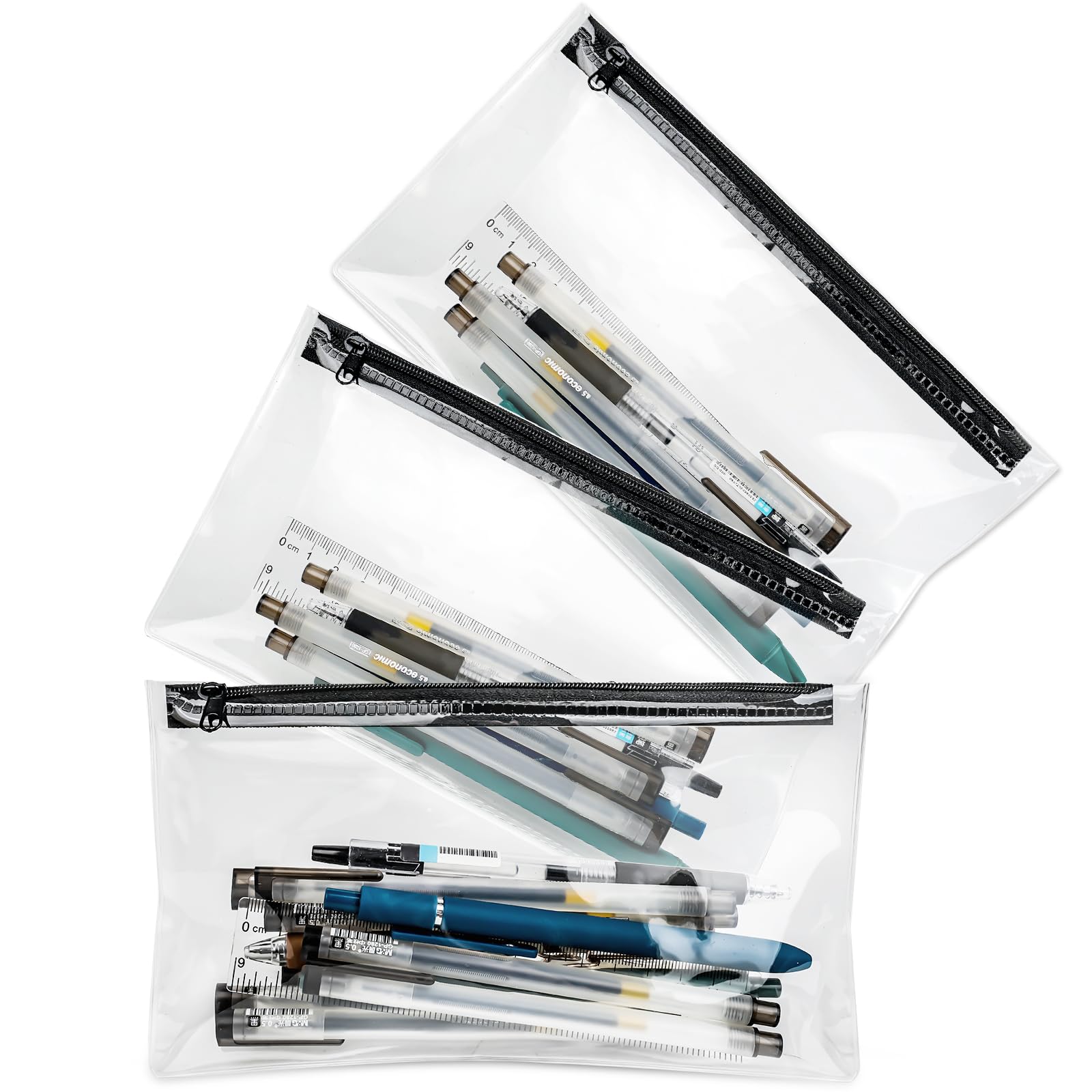 Clear Pencil Case for Exams, 3PCS Transparent Pen Case, Waterproof PVC Pencil Pouch, Versatile Storage Bag for Stationery, Toiletries, Makeup, Travel & Office Supplies (3Pcs-20cm)