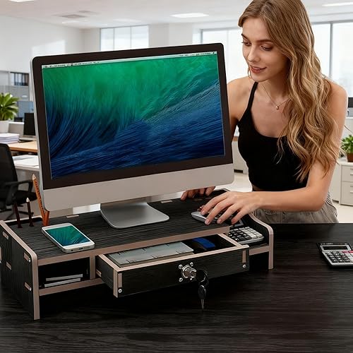 Miniatura 7 de Desktop Computer Elevated Stand 48.8x20x10.5cm, Wooden Monitor Riser with Drawer, Organizer Shelf for Laptop, Printer, PC, TV Screen, Home, Dorm,