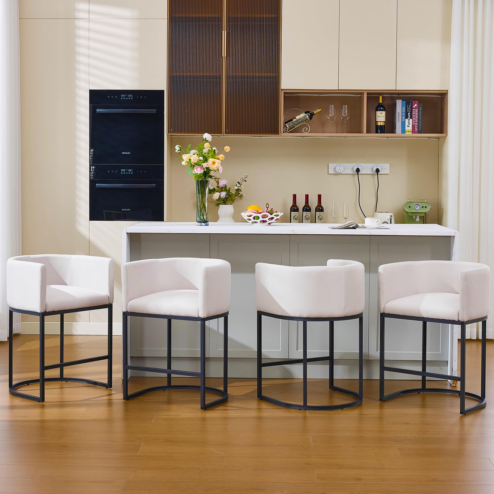 Canxkun Counter Height Bar Stools Set of 4, 25" Modern Barstools with Backrest, Barrel Counter Stools with Metal Frames, Linen Fabric Upholstered Bar