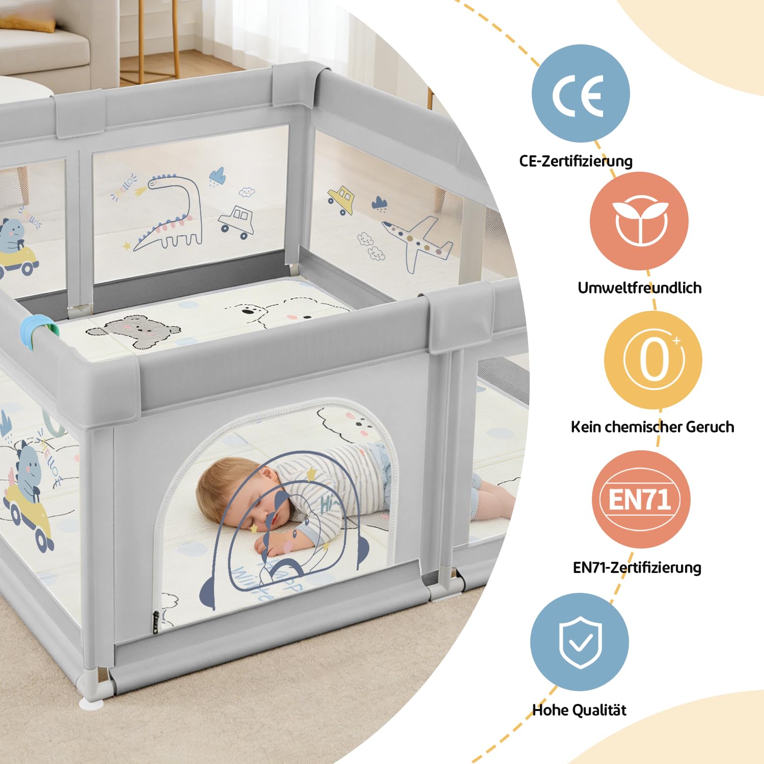 Laufstall Baby 120x120 mit Matratze, Laufgitter mit 360°Atmungsaktivem Netz, Oxford-Stoff, Rutschfester Basi, Sicher Aktivitätszentrum für Kinder, 60Ozeanbälle/4 Zugringen, Grauer Dinosaurier