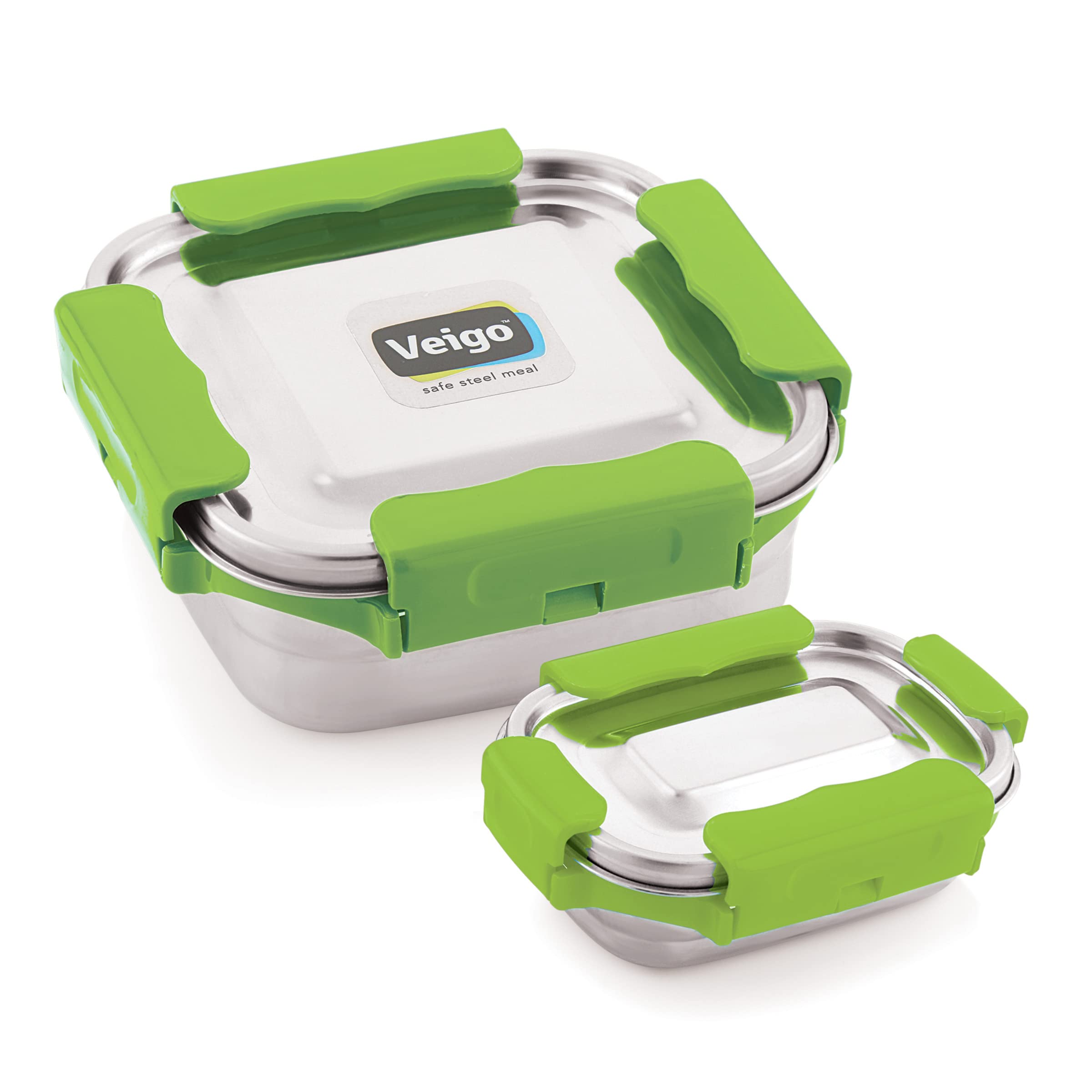 VeigoPremium Finish Maxo Series Stainless Steel Medium & Small Airtight Leak-Proof Lunch Box for Office, School, Picnic, (Medium 450 ml, Small 200ml)- Green