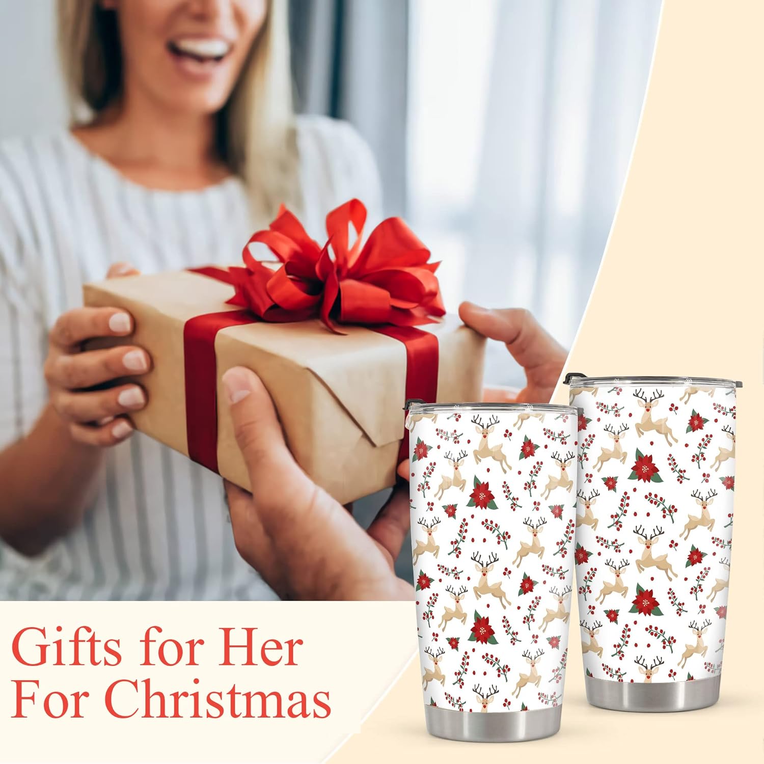 20oz Tumbler Christmas Gifts For Women For Her On Christmas – Santa Claus Reindeer Holly Mistletoe Poinsettia Christmas Tumbler with Lid Double Wall Vacuum Travel Coffee Mug