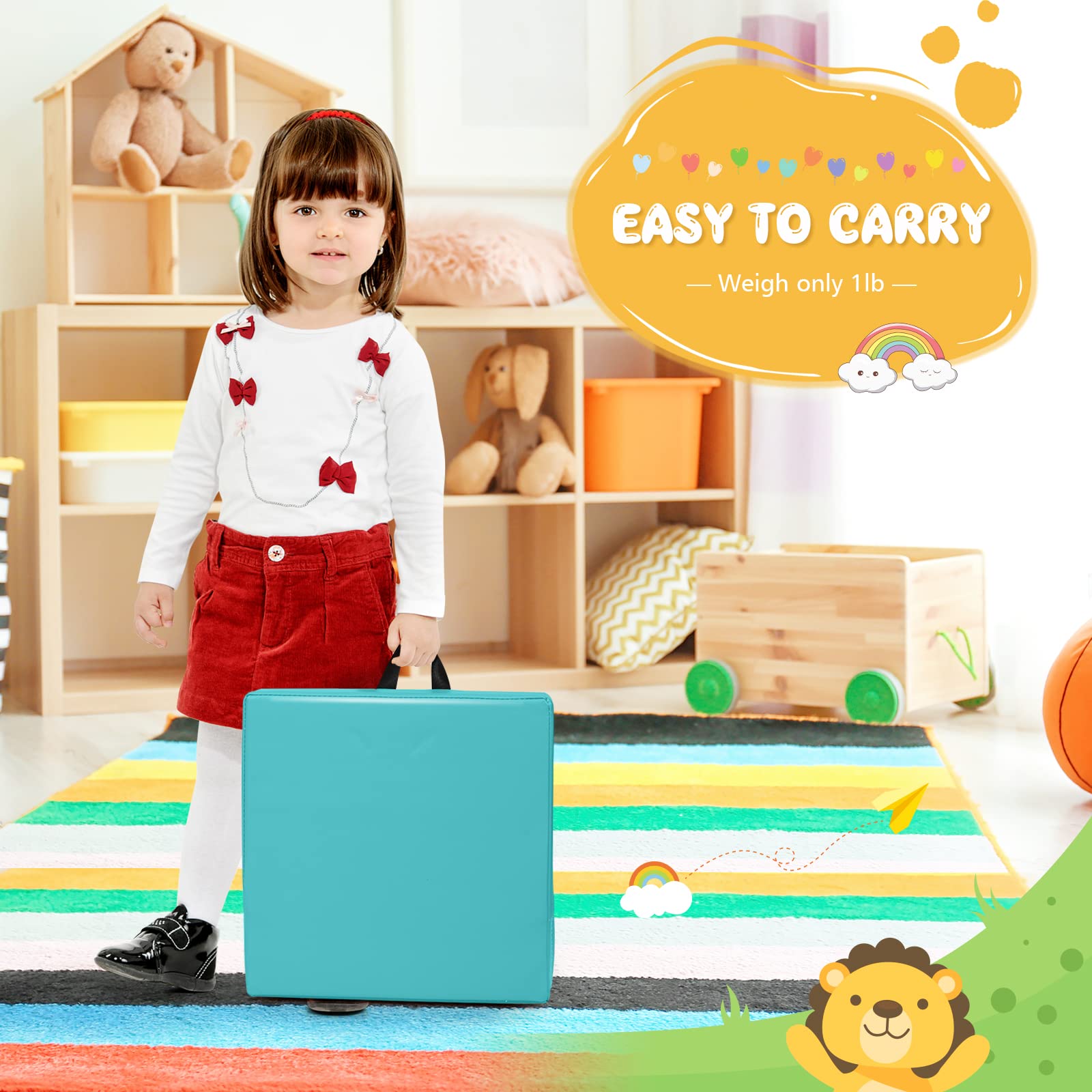 DREAMADE 6 PCS Bodenkissen mit Griff, Rundkissen aus Schaumstoff & PU, Stuhlkissen Sitzkissen für Kinder zur Farberkennung, Für Wohnzimmer, Kinderzimmer, Esszimmer, Garten (Quadrat, Blau)