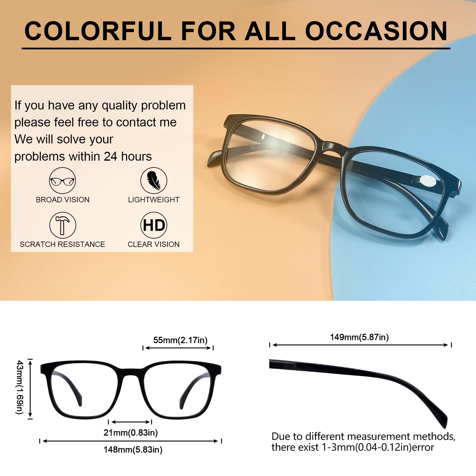 OCCI CHIARI Oversized Mens Reading Glasses Square/Rectangle Blue Light Glasses for Men Retro No Degree Glasses Spring Hinge(Black, 0) - Image 3