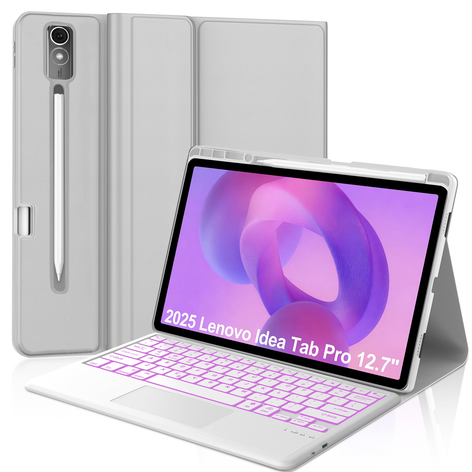 Touch Keyboard Case for Lenovo Idea Tab Pro 12.7'' 2025, Keyboard for Idea Tab Pro 12.7inch Case with Trackpad, Smart Cover Folio for Lenovo 2025 Tablet Keypad with Pen Holder & Colors Backlight, Grey