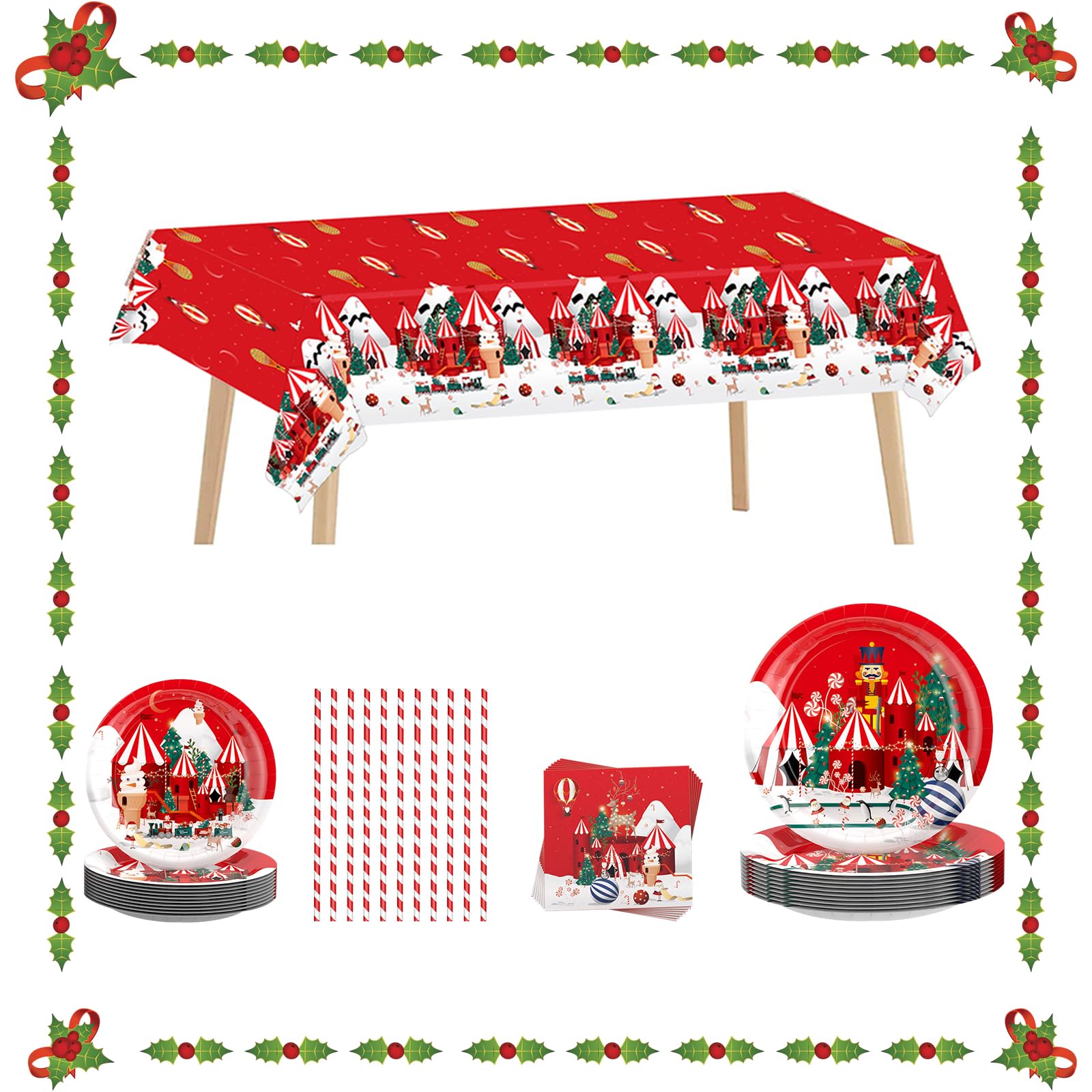 65 Pcs Christmas Party Tableware Set, Christmas Decoration Dinnerware Set, Disposable Dinnerware Kit, with Plates Napkin Tablecloth and Straws, Christmas Party Supplies Xmas Decor, Severs16 Guests