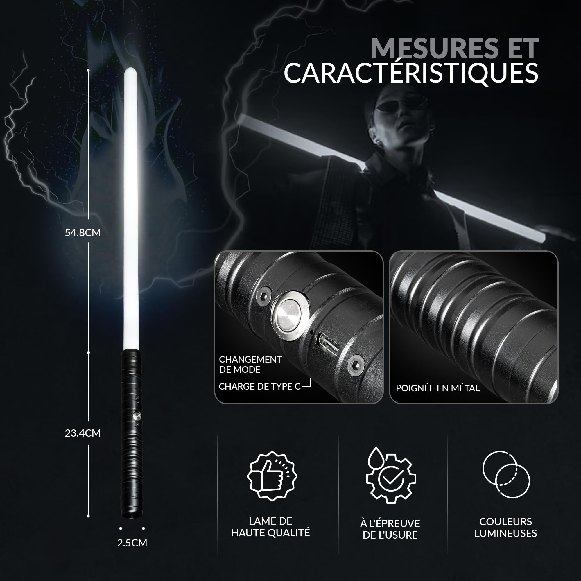 Sabre Laser Enfants Adultes Lot de 2 Épée Laser Double Lame 15 Couleurs Effets Sonores Rechargeable USB Manche Métal Noir