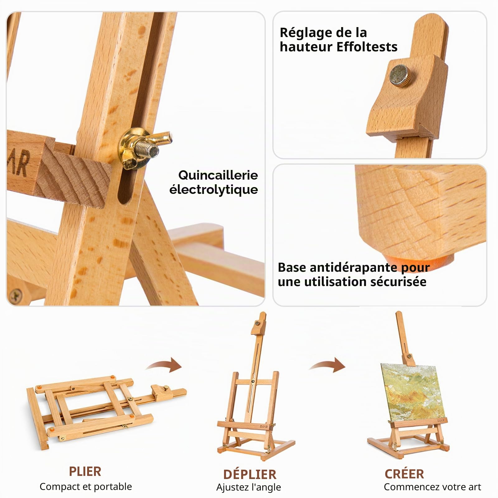 DJAR Chevalet de table de 25" pour peinture, chevalet de peinture en bois de hêtre réglable avec plateau de table, support portable pour dessin et peinture pour adolescents, adultes, étudiants