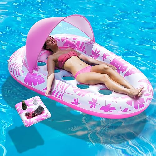 Flotadores inflables para piscina para adultos, 3 en 1, flotadores de piscina con toldo y soporte para tazas, balsa de piscina XL, sillas