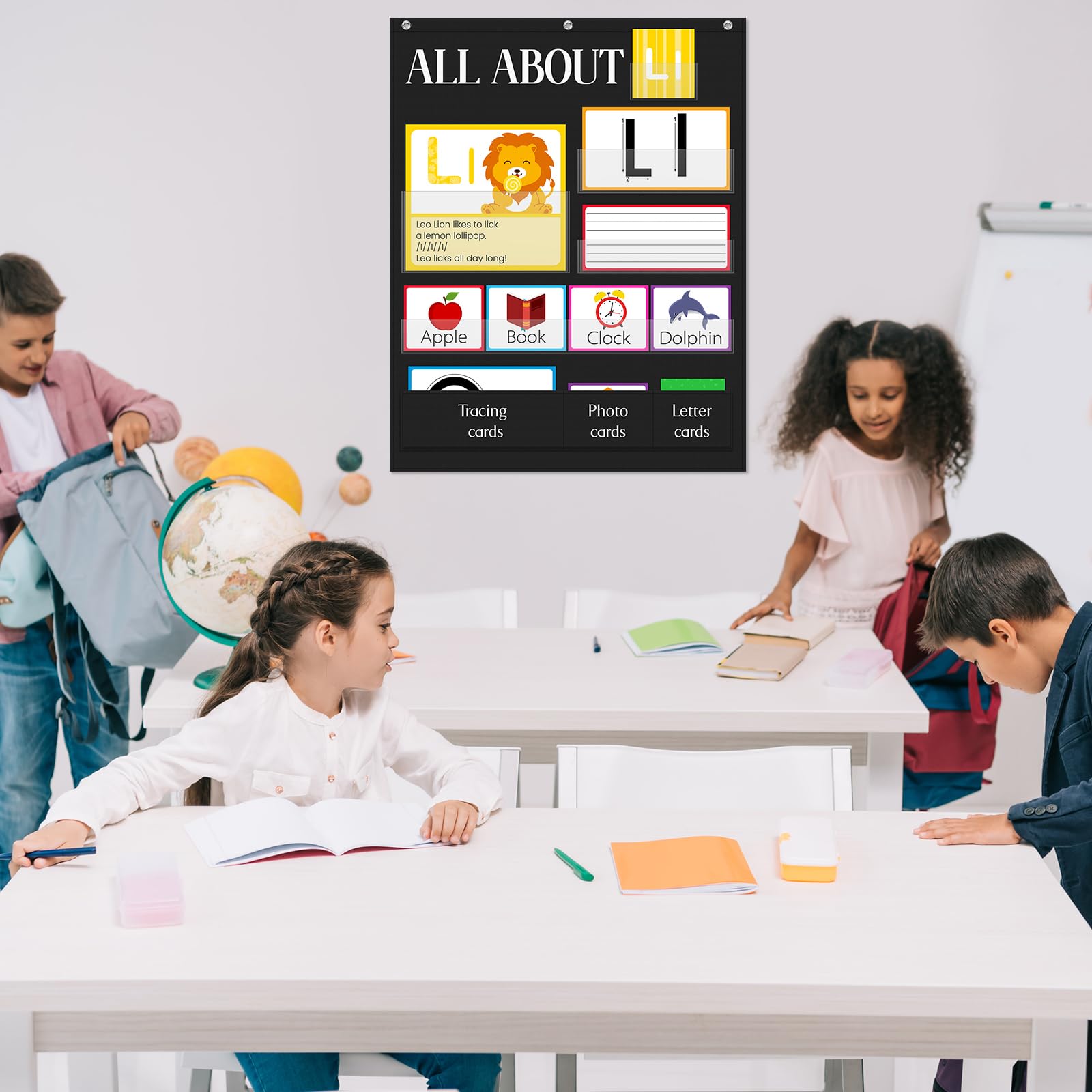 Motiskyy 34" x 27" All About Letters Pocket Chart Alphabet Learning Pocket Chart with 96 Cards Letter of The Day/Week Activity Wall Alphabet Card Tracing for Homeschool Preschool Kindergarten(Black) - Image 7