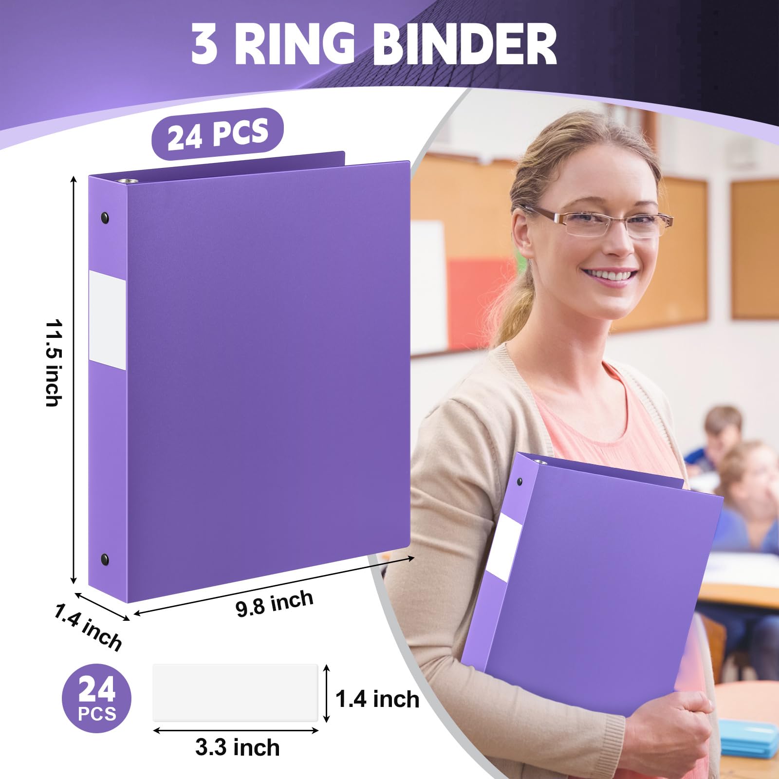 Henoyso Confezione da 24 raccoglitori in plastica a 3 anelli da 2,5 cm, flessibili in polipropilene, per forniture scolastiche e scolastiche, formato lettera, 240 fogli, con tasca interna (viola)