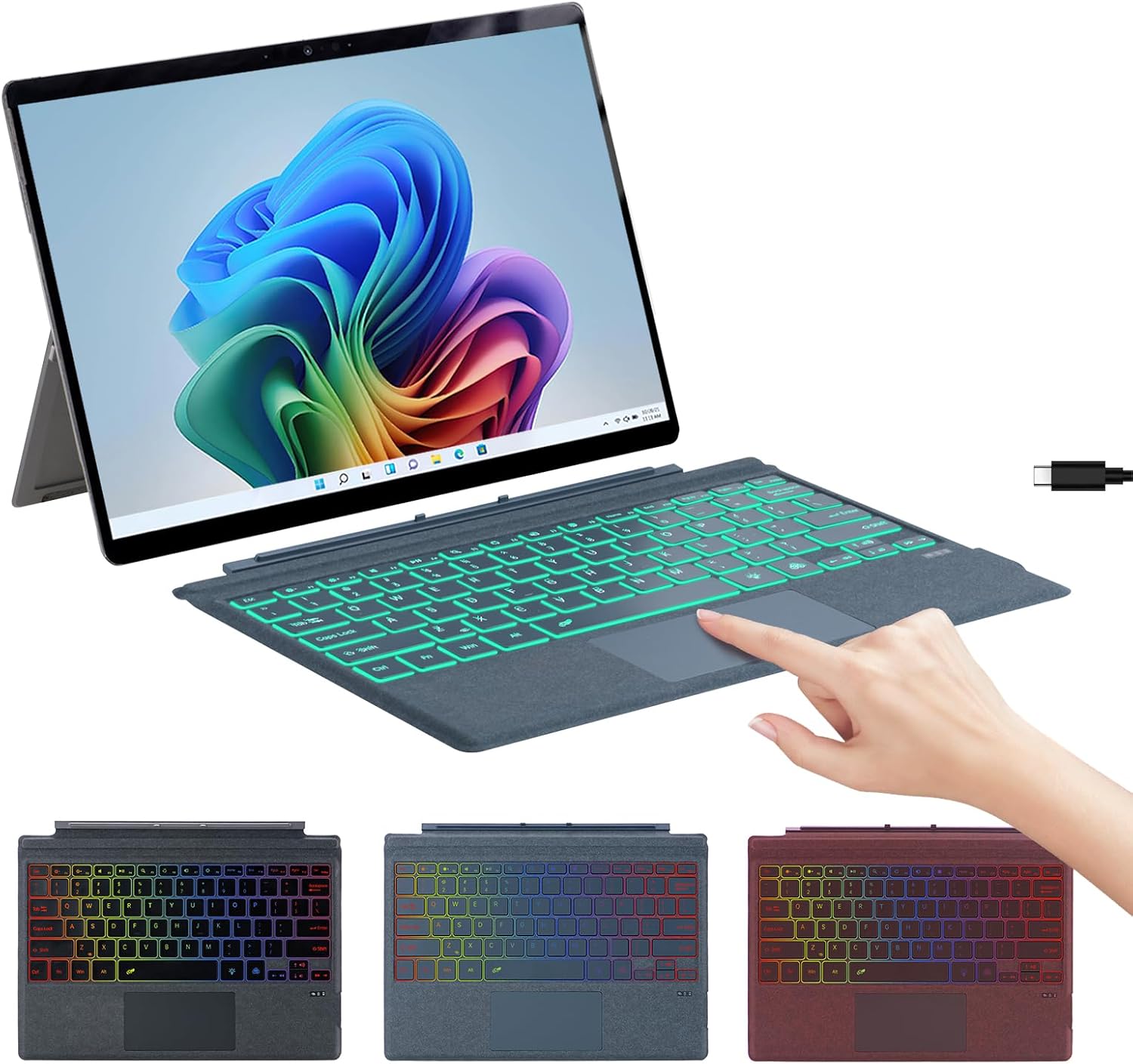 Microfiber Leather Keyboard for Surface Pro 7+/7/6/5/4/3, Wireless Keyboard Type Cover with Palm Rejection Touchpad, Type-C Charging, 7-Color Backlight for Microsoft Surface Pro