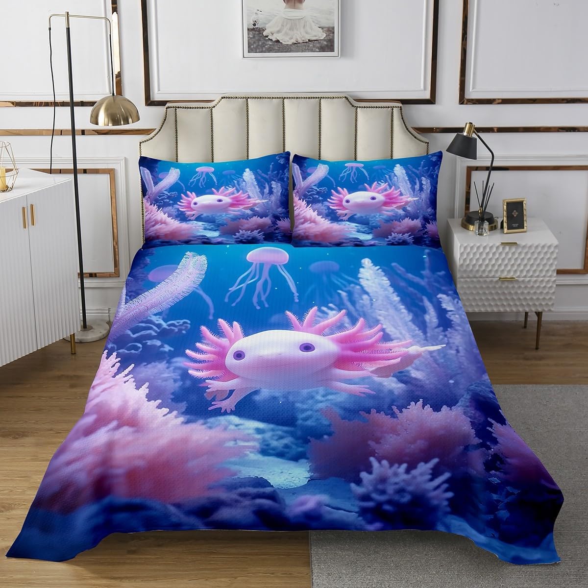 Erosebridal 3D Axolotl Twin Bedspread Set, Fantasy Cute Jellyfish Soft Coverlet Set & Bedspread for Kids Girls Boys, Kawaii Newts Underwater Quilt Set for Bed, Kids Animals Room Decor Bedding Set