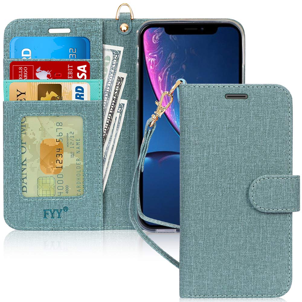 FYY Luxury PU Leather Wallet Case for iPhone Xs Max, [Kickstand Feature] Flip Phone Case Protective Folio Cover with [Card Holder] [Wrist Strap] for Apple iPhone Xs Max (6.5") 2018 Turquoise