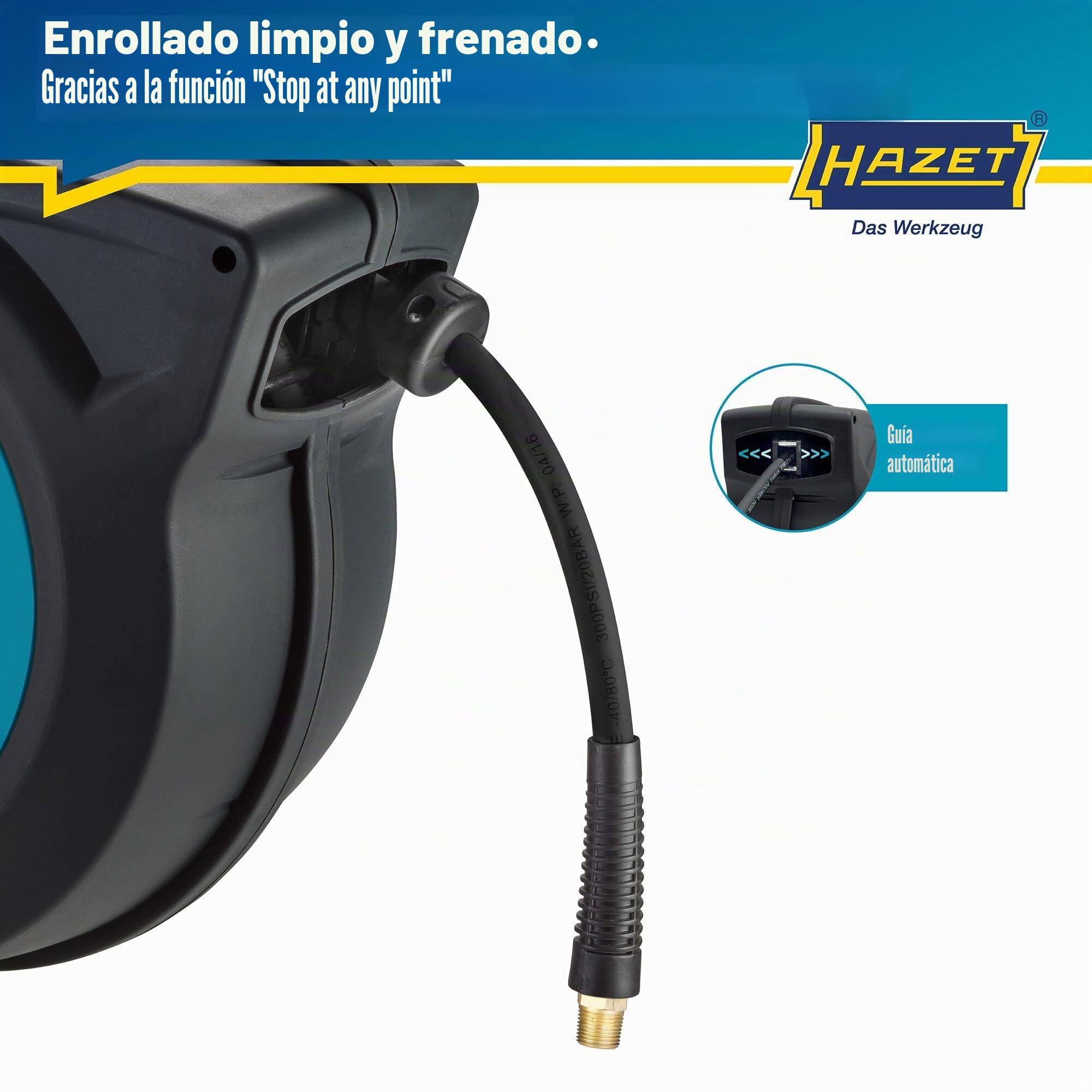 Enrollador de mangueras HAZET 9040N-13 I Longitud de la manguera 15 m, diámetro interior: 13 mm, presión: 20 bar para aire comprimido y agua I Enrollador de mangueras de aire comprimido
