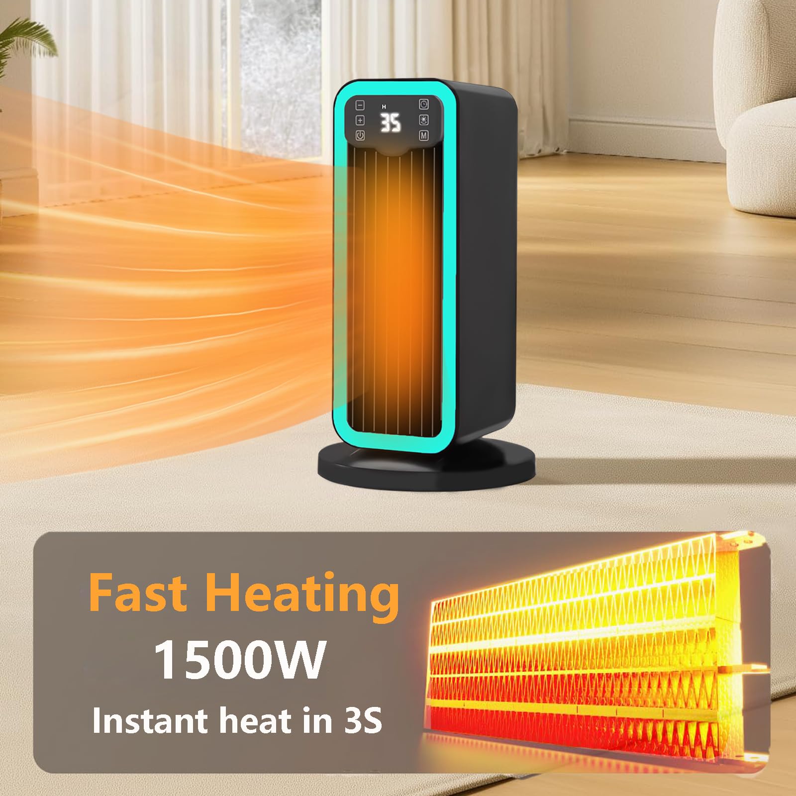 Calefactor Bajo Consumo, 1500W PTC Ceramico Radiador Electrico Portátil con Termostato, Remoto, Oscilación 70°, Temporizador 12H, Protección Contra Sobrecalentamiento y Vuelco, Dormitorio