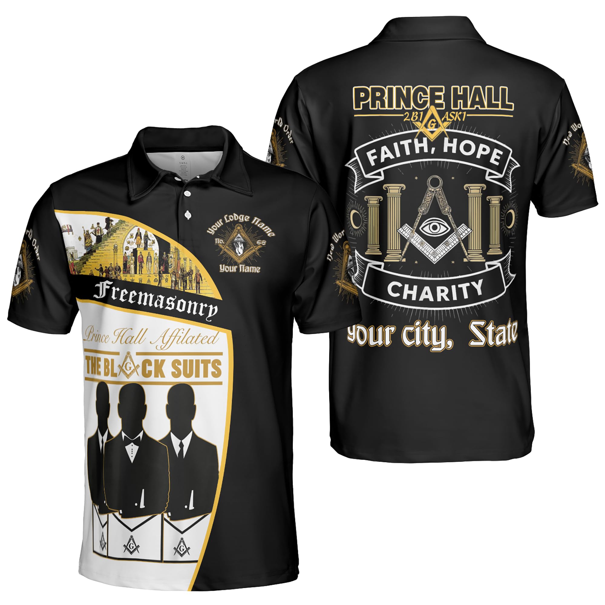 Personalized Lodge Name Freemasonry 2B1 ASK1 Prince Hall Affilated The Black Suits Men's Polo Shirt S-5XL