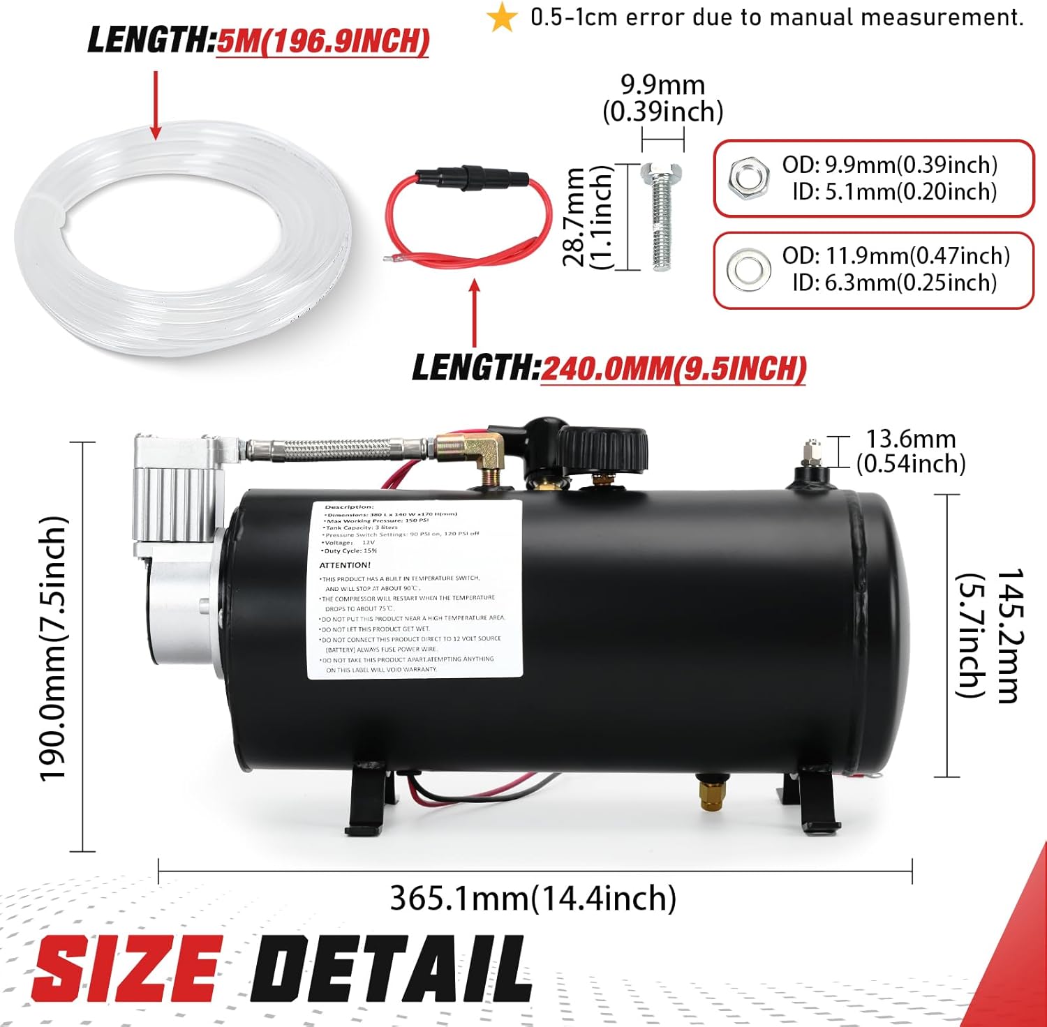PTNHZ DC 12V MAX 150PSI Air Compressor Tank Pump w/3 Liter 0.8 Gallon Tank For Train Truck Boat Pickup Motorhome Portable Air Compressor Pump - Image 6