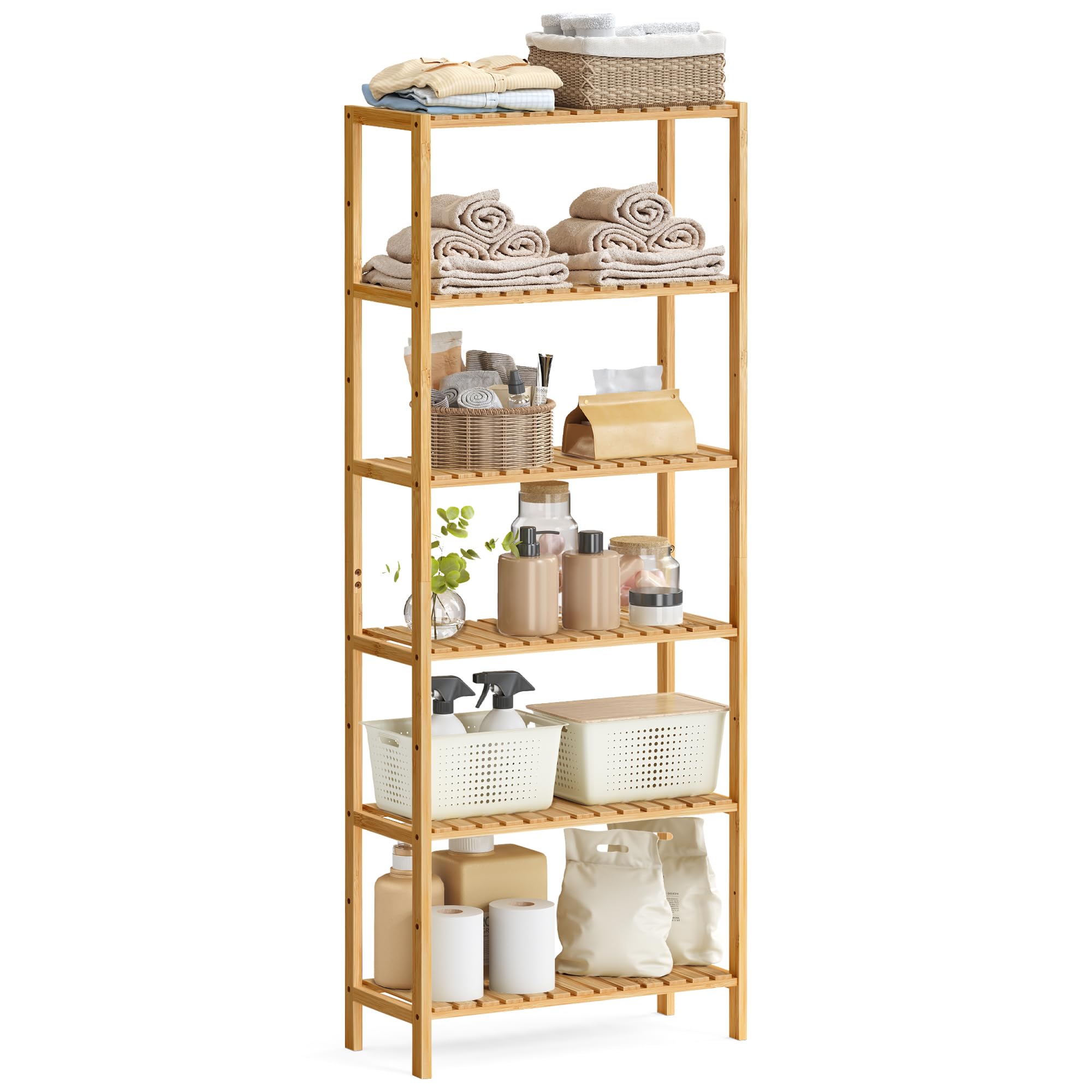 SONGMICS Bamboo Storage Shelf, 6-Tier Shelving Unit, Multifunctional, in the Hallway, Bathroom, Living Room, Balcony, Kitchen, 26 x 60 x 160.9 cm, Natural Beige BCB036Y01