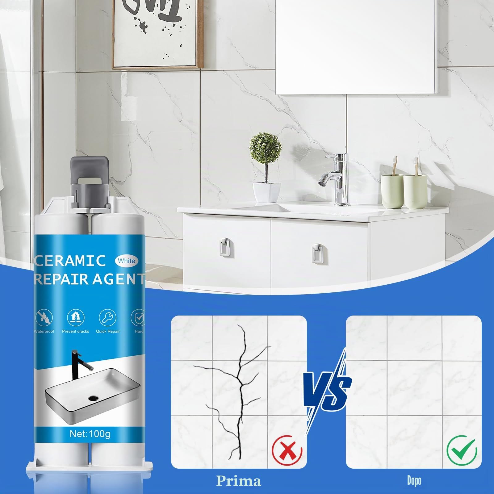 Set di riparazione per piastrelle bianco 100g - Set di riparazione universale per ceramica, vasche da bagno, lavandini - Sigillatura di graffi, buchi, crepe in smalto, porcellana e acrilico