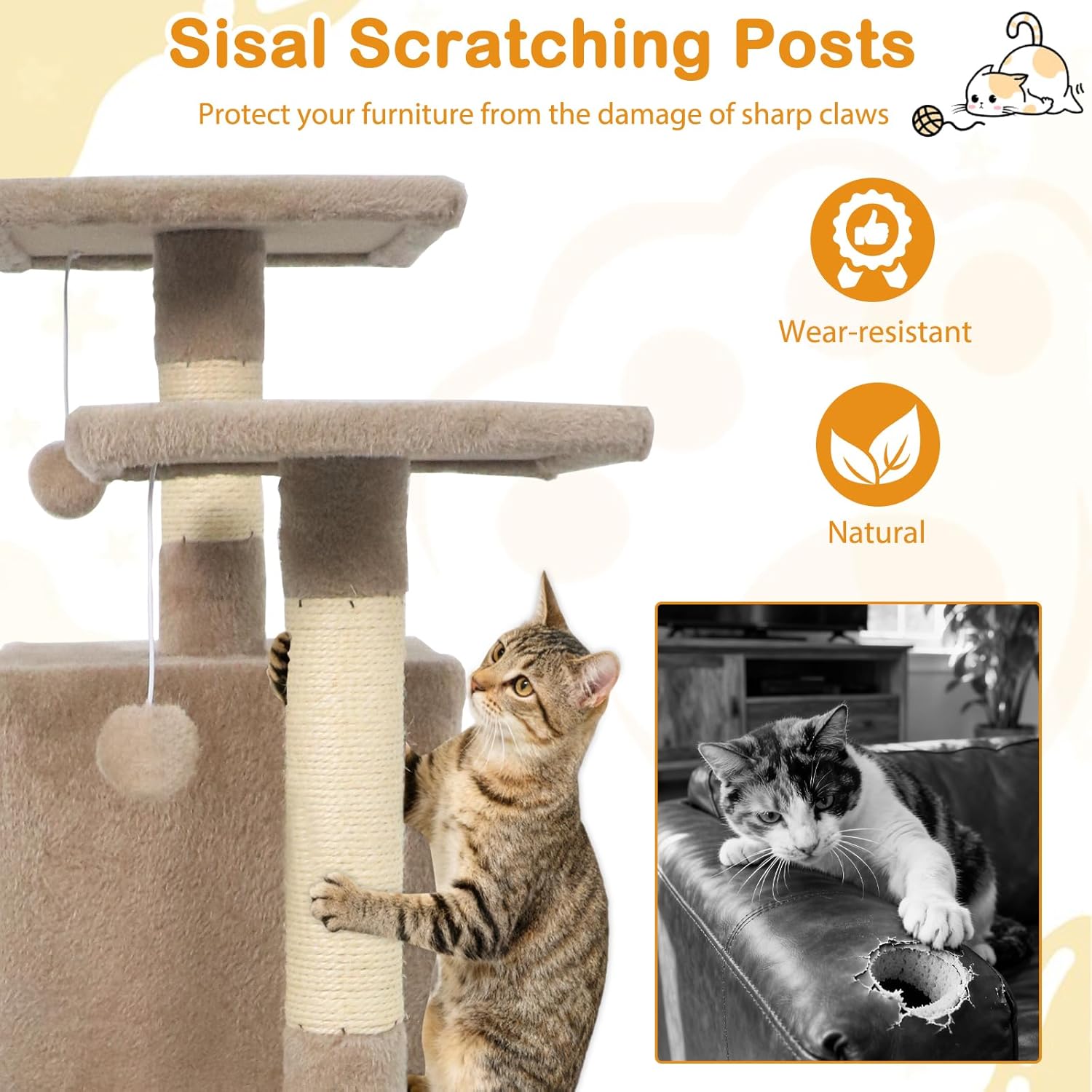 Tangkula Cat Tree for Indoor Cats, 57 Inch Large Cat Tower with Sisal Scratching Post, Top Perch, Dual Condos, Hammock, 2 Dangling Balls, Platforms, Multi-Level Cat Climbing Furniture (Coffee)