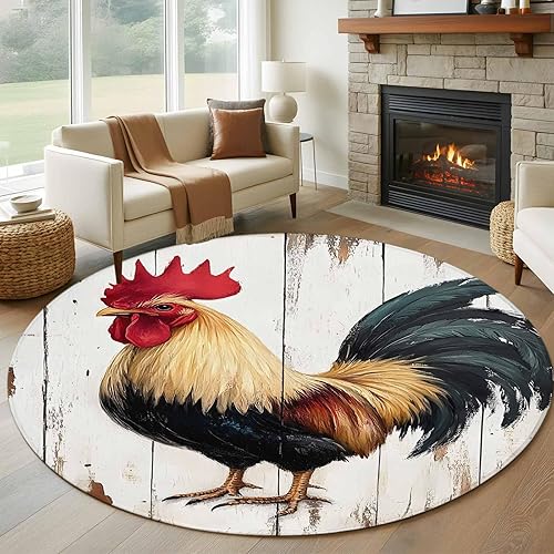 5ft Round Rug, Retro Rooster Non-Skid Rubber Backing Large Area Rugs - Living Room Bedroom Home Office, Watercolor Vintage Rooster Indoor Floor