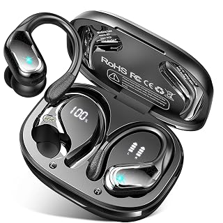 Rulefiss Wireless Earbuds, 75H Bluetooth 5.4 Headphones Sports with 4 ENC Mic, HD Stereo Noise Cancelling Ear Buds, Running Earphones with Earhooks, LED Display, IP7 Waterproof Headset for Gym Workout - Amazon product rated Grade A