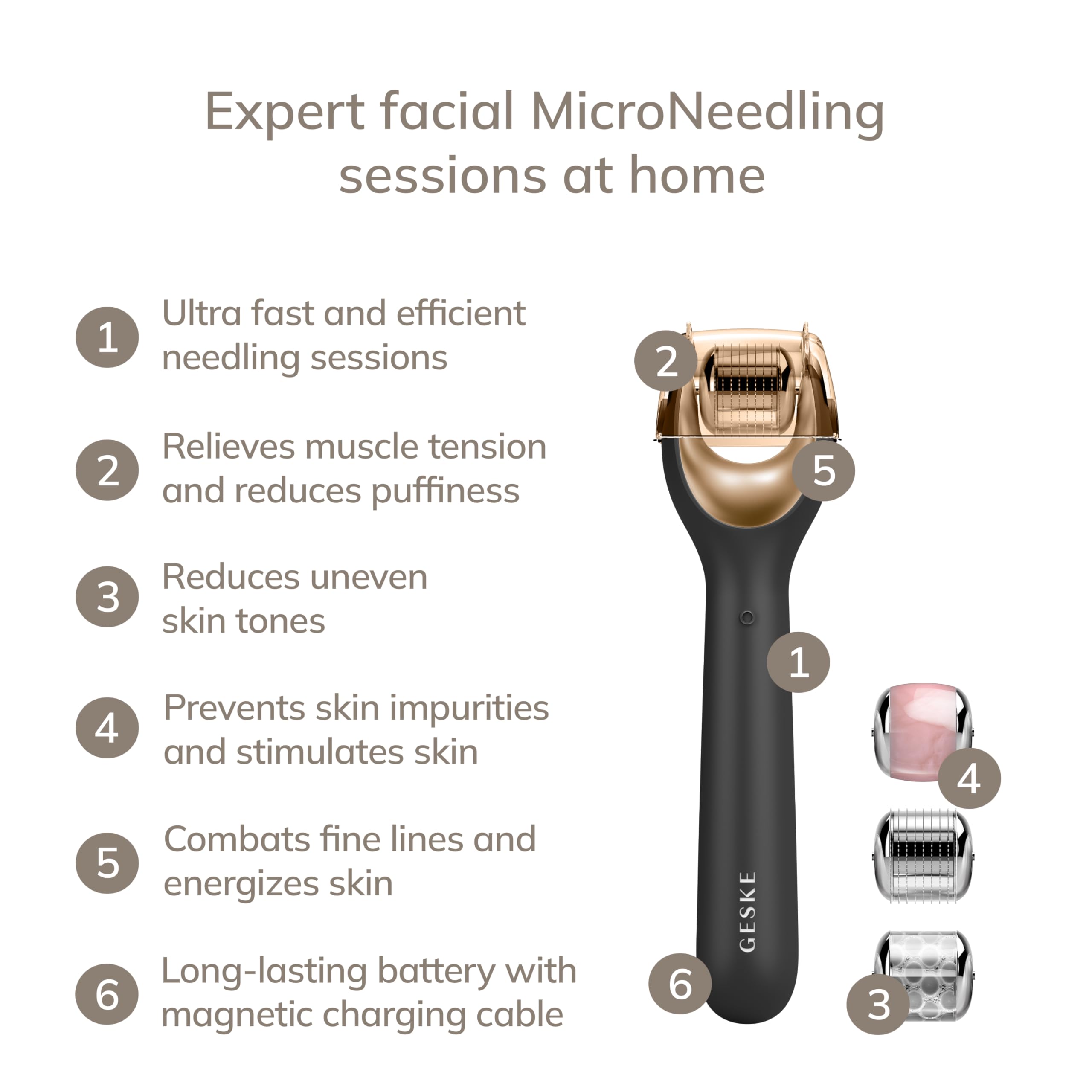 GESKE | Roller viso microaghi SmartAppGuided™ | 9 in 1 | Con quarzo rosa | Microaghi | Dispositivo microneedling professionale | Roller con microaghi | Roller viso | Roller per microneedling