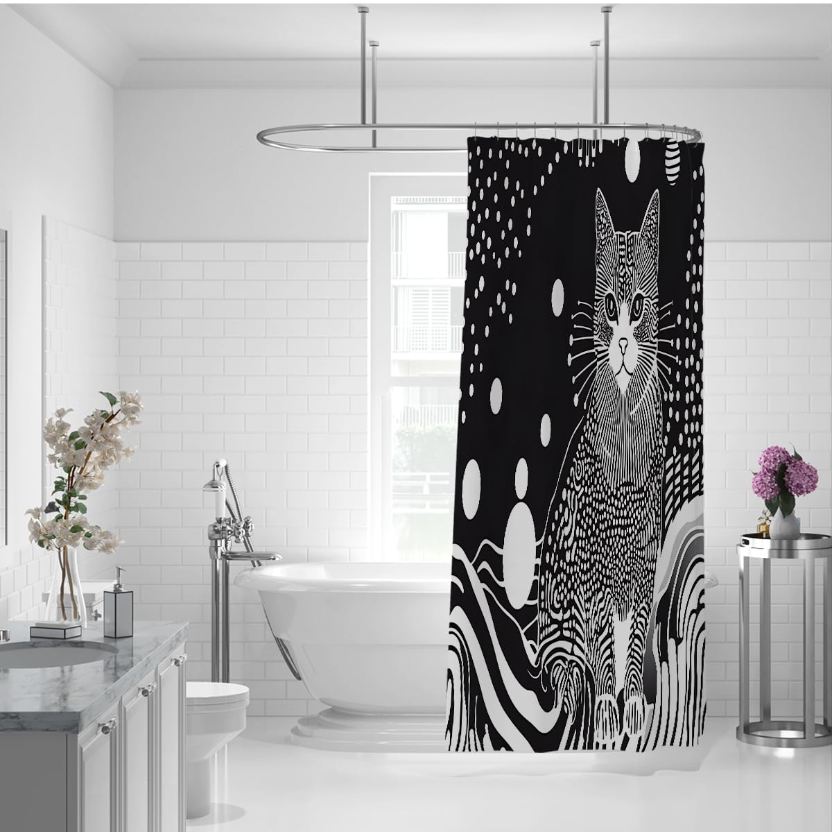 Abstrakte Katze Duschvorhang Monochrome Baddeko 180 x 200 cm