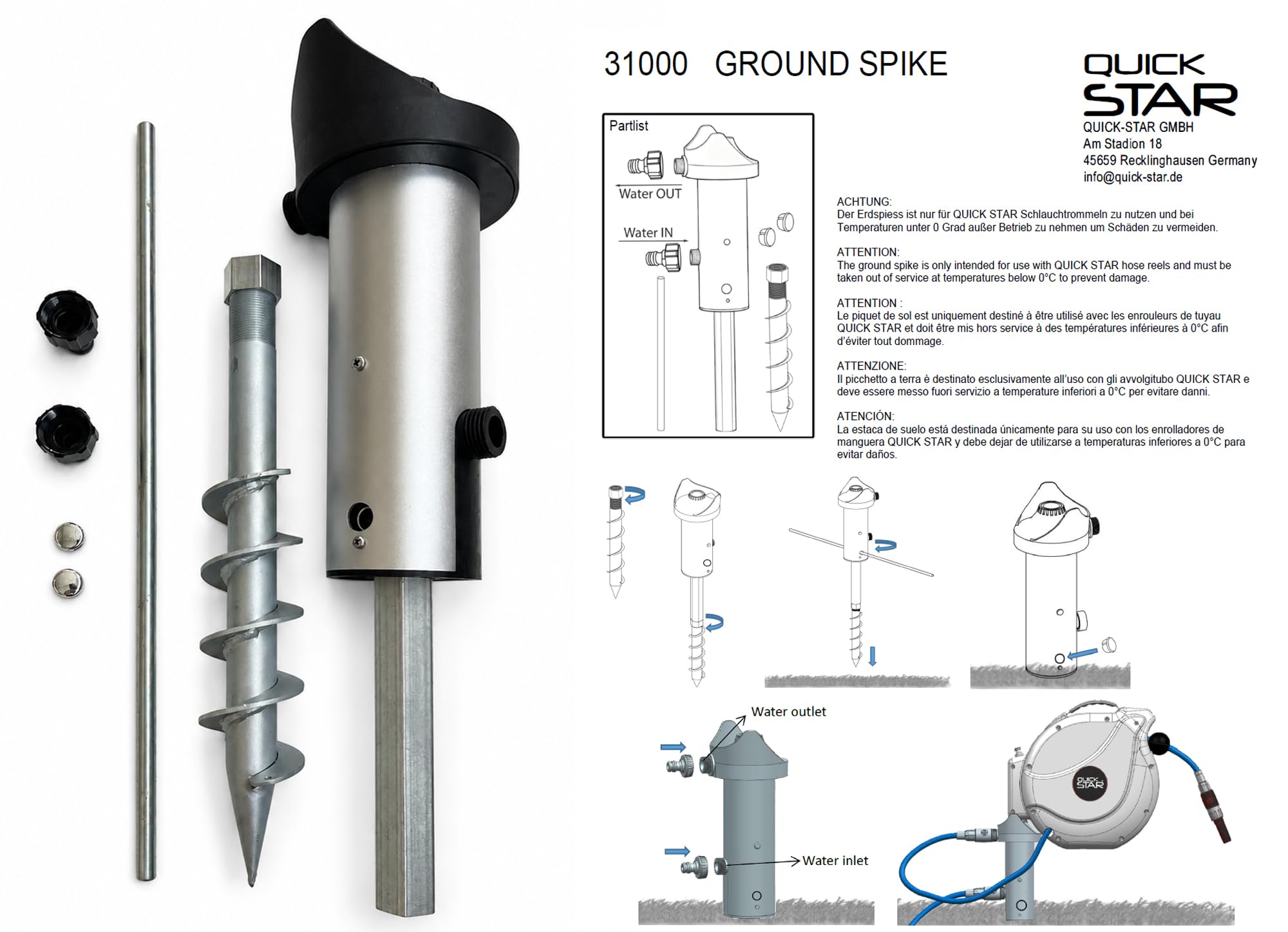 QUICK STAR Erdspieß für Schlauchtrommel Halter Hallterung mit Universalkupplung Bodenanker Gartenschlauch aus Aluminium & verzinktem Stahl – Stabiler Standfuß für Schlauchaufroller