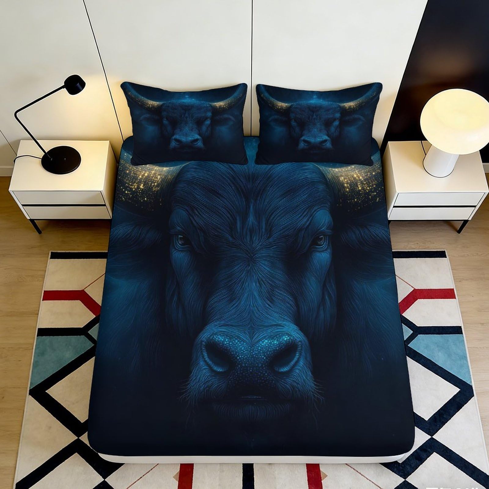 3D Printed Dark Buffalo Fitted Sheet Microfiber Non-Slip Artistic Bull Mattress Cover Washable for Bedroom Decor 90x200x25cm