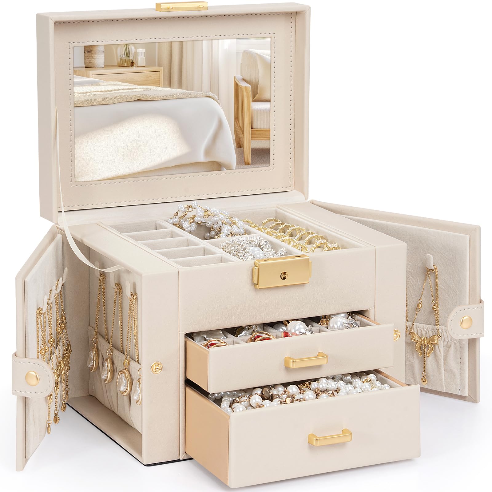 TORIBIO Jewelry Box for Women Leather Jewelry Organizer with Mirror Lock 3-Tier Jewelry Storage Organizer with 2 Drawers