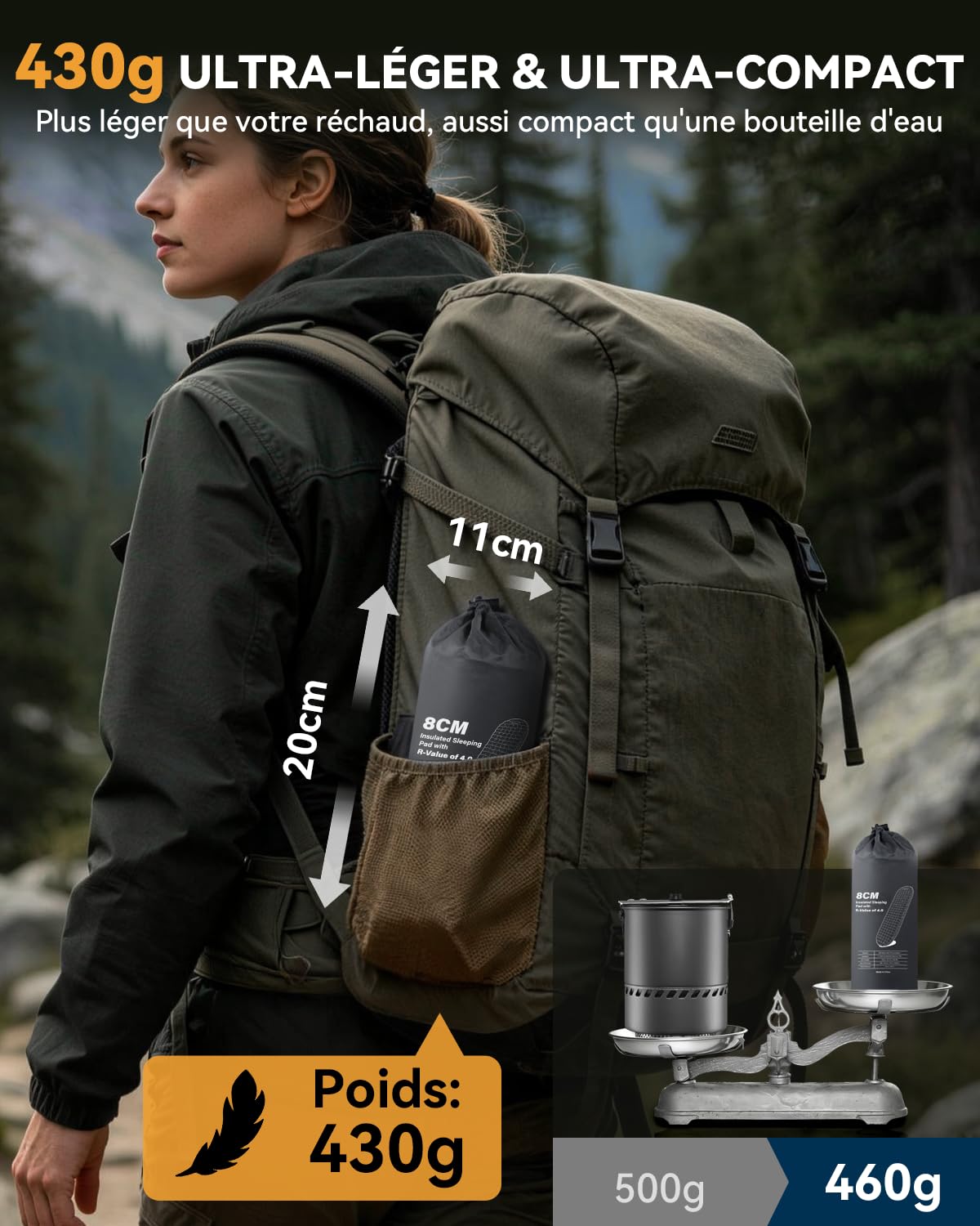 HIKENTURE 460g Matelas de Camping Ultra-léger, R-Valeur 4 - avec Sac Pompe | Compact et Léger, 8 cm Ultra-confort, pour 4 Saisons - Matelas Camping 1 Place pour Randonnée, Trekking, Bivouac - 186 x 55cm