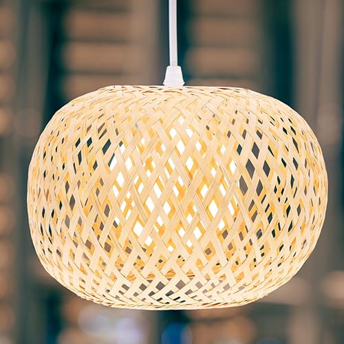 Miniatura 6 de Baluue Baluue Pantalla de lámpara de ratán, pantalla tejida de bambú para mesa y luz de techo, cubierta redonda de ratán natural pequeña para