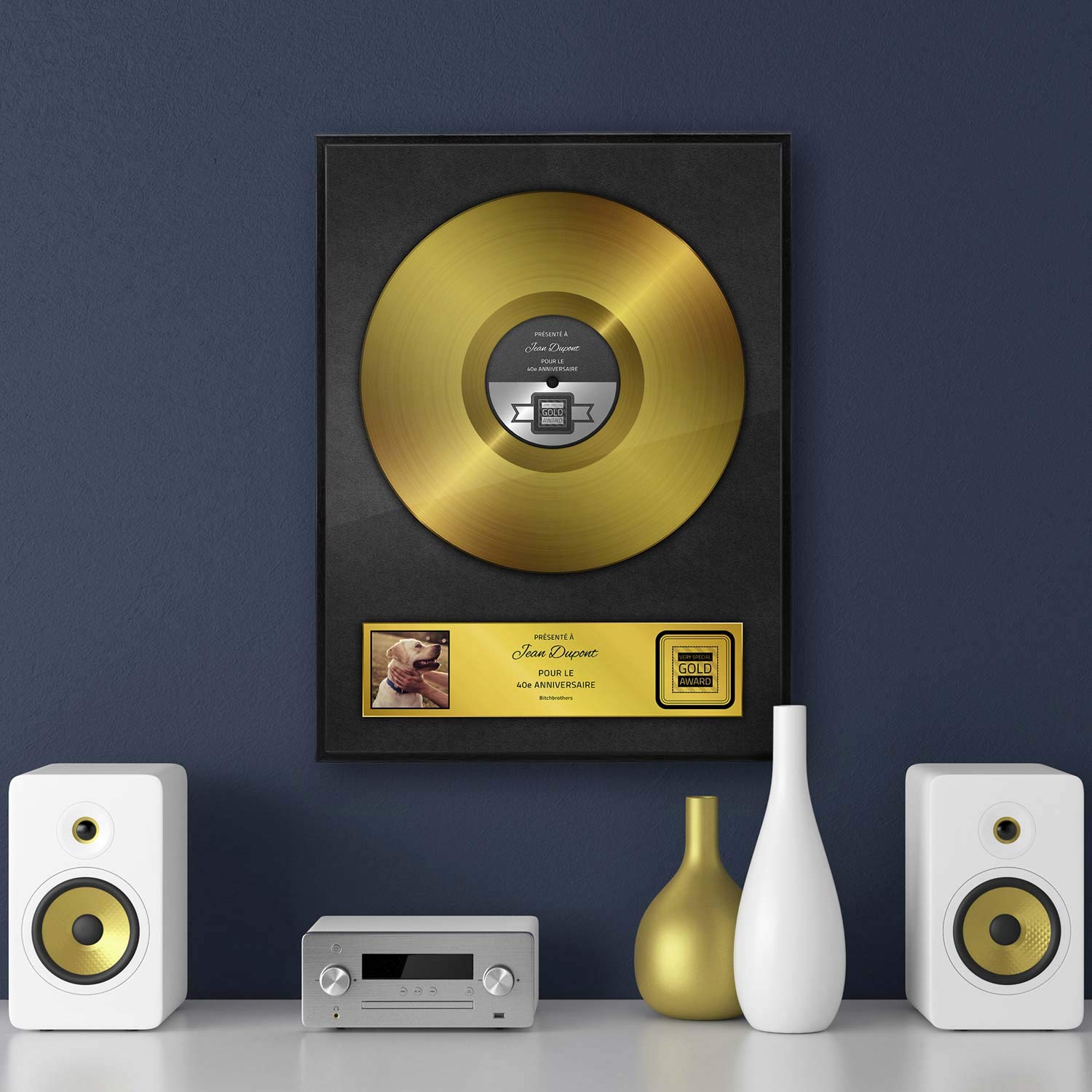 Disque doré personnalisé avec cadre en bois, cadeau personnalisé avec nom et date, circonférence, décoration murale avec cadre (DIN A3, 30 x 42 cm, français)
