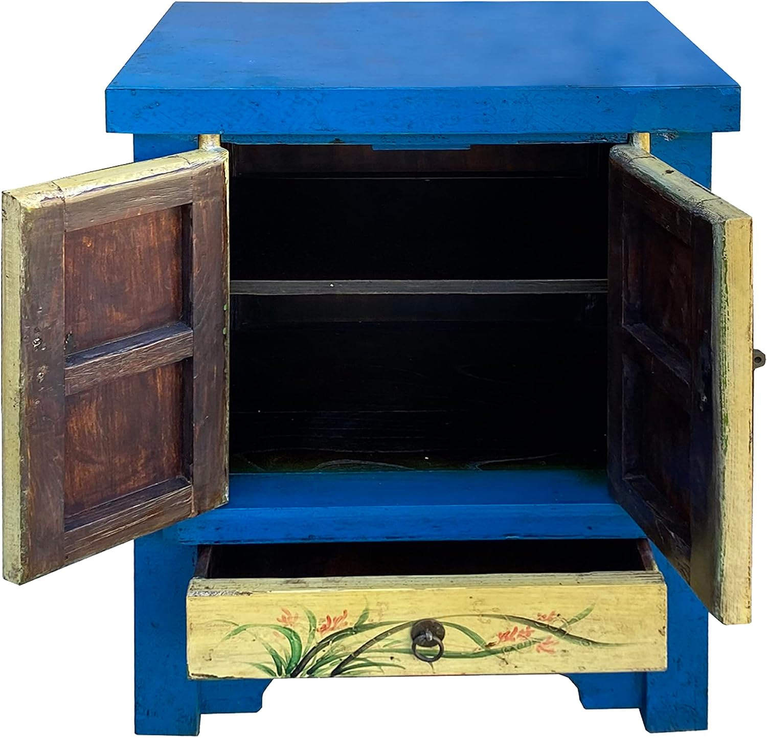 Chinese Rustic Bright Blue Yellow Graphic End Table Nightstand Acs7421