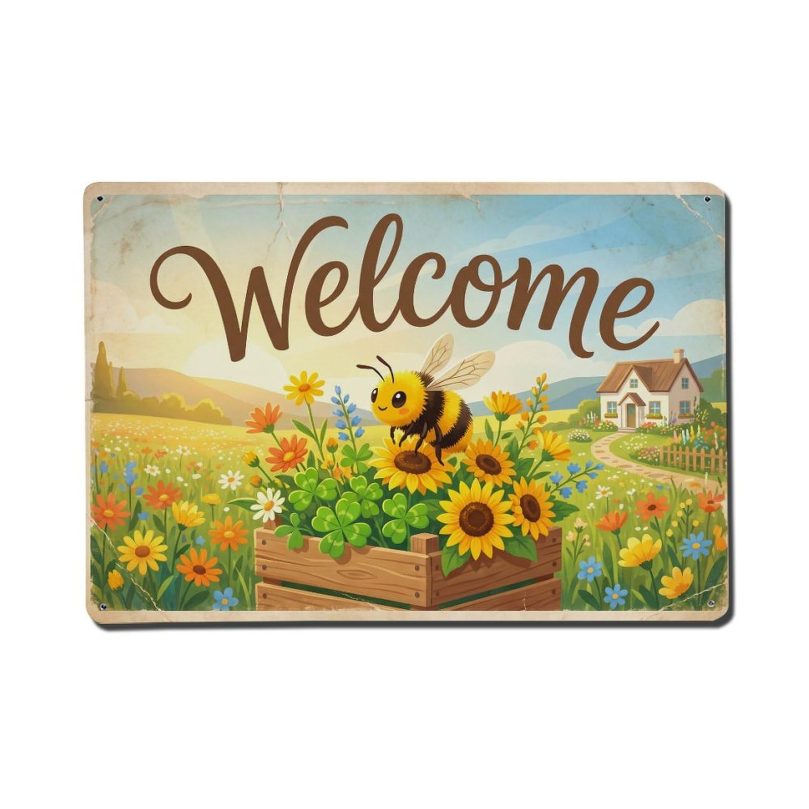 Vintage Welcome Bee Countryside Metal Tin Sign