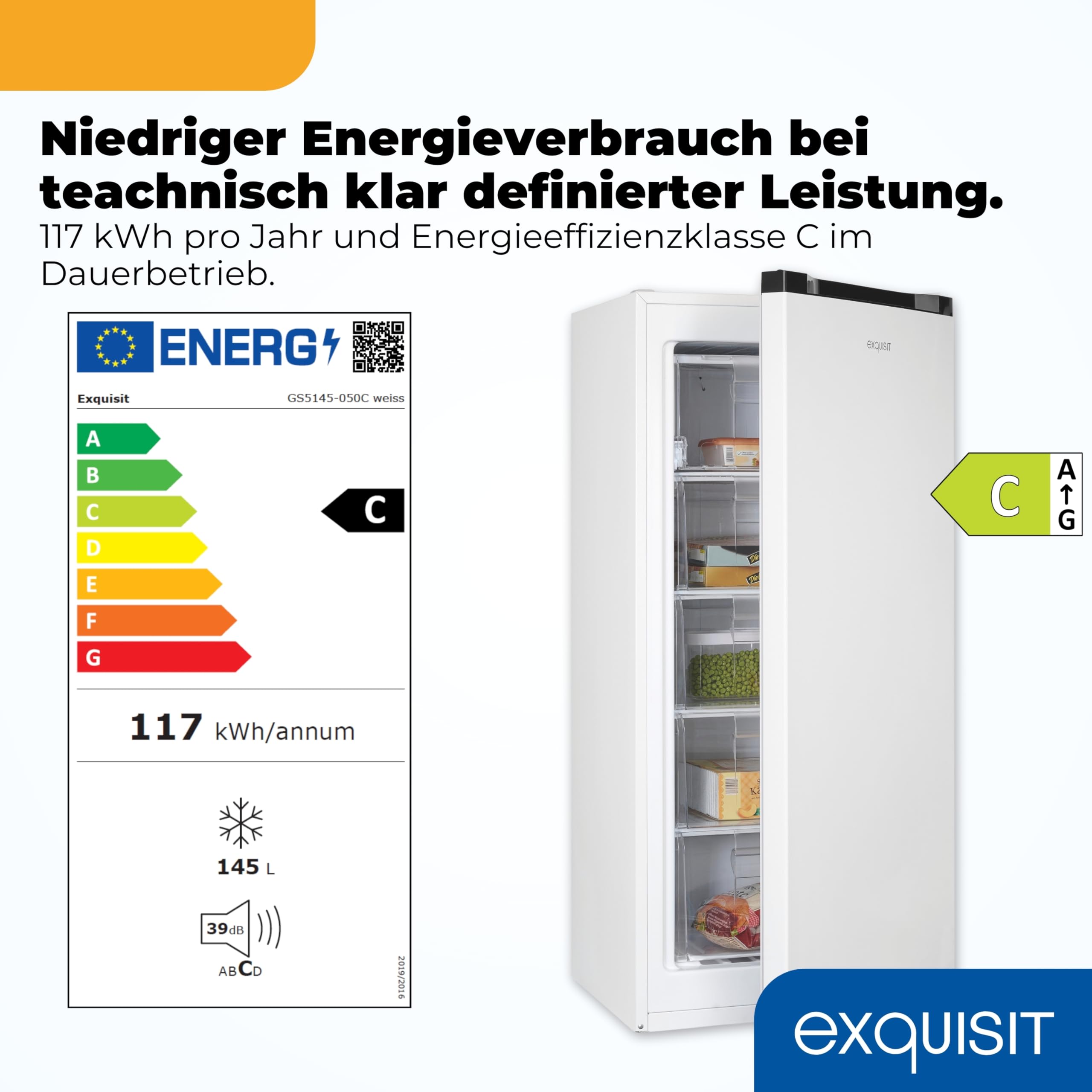 Exquisit GS5145-050C Gefrierschrank - 145 l Gefriergerät - Energieklasse C | Freistehendes 4-Sterne Gefriergerät, 4 Schubladen, 7 kg Gefrierleistung, wechselbarer Türanschlag, Maße 125,9x54x55 cm