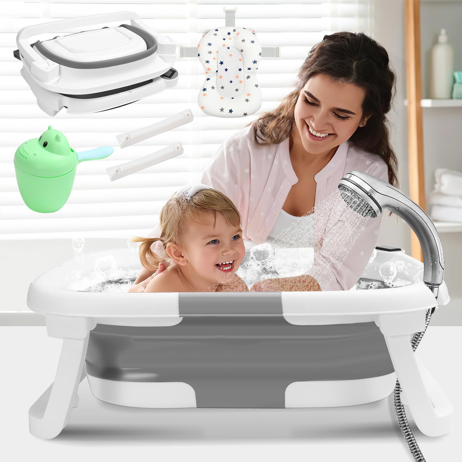 Daromigo Faltbare Babybadewanne, mit Thermometer, Baby Badewanne mit Weichem Badekissen,Rutschfestem Ständer, Platzsparend, für Neugeborene Monate, Grau
