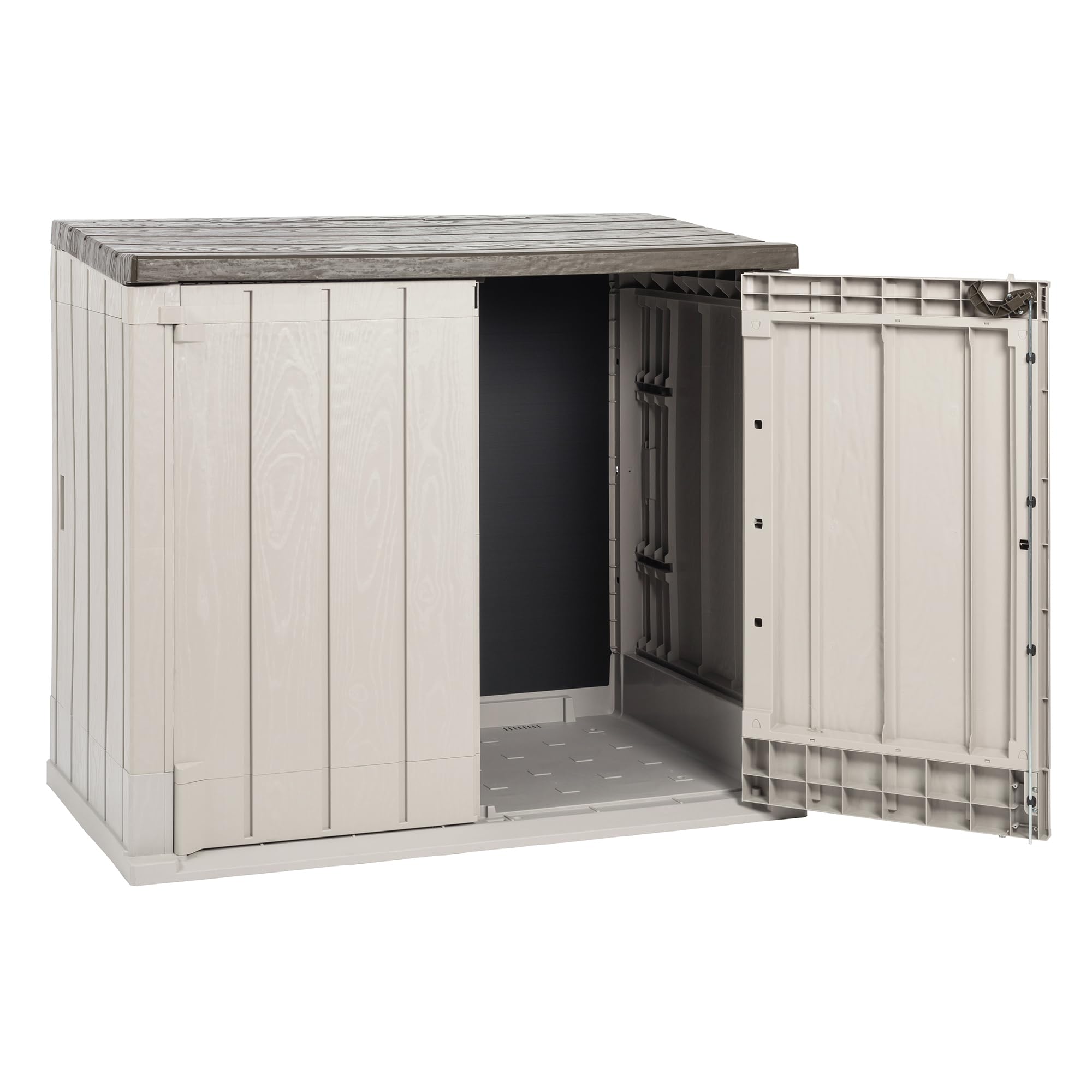 Toomax Storer Plus XL Baule da 1270L portattrezzi giardino, 145x85x124,5h cm effetto legno grigio talpa/marrone, porta bidoni spazzatura con coperchio assistito, resistente ai raggi UV, per esterni