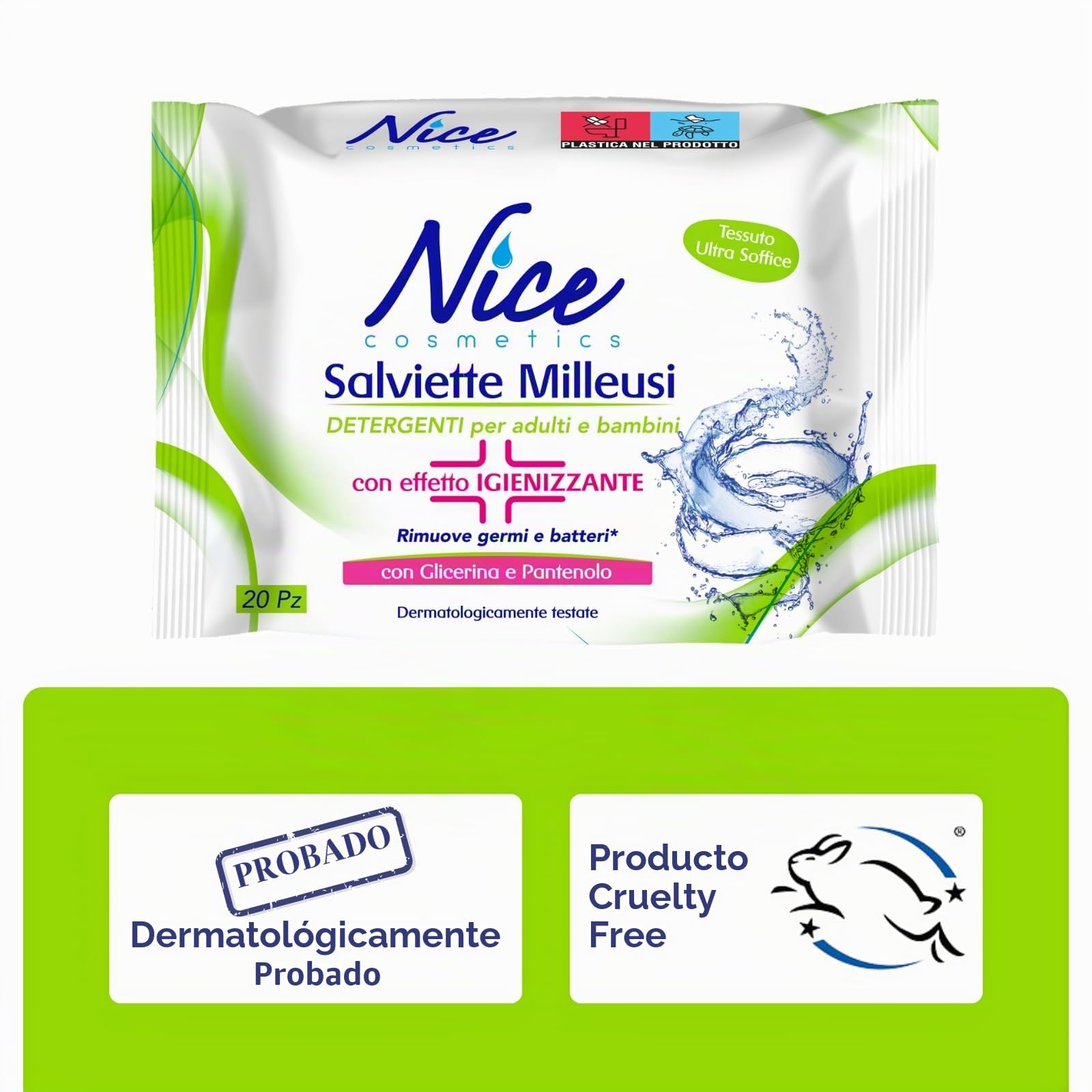 Nice Toallitas desinfectantes Milleusi – Eliminan gérmenes y bacterias – Frescas e hidratantes en la piel con glicerina y pantenol – Formato: Paquete de 20 toallitas