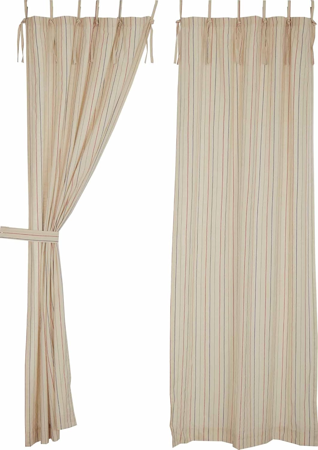 Betsy Stripe Tie Top Panel Curtains, Set of 2 Tab Panels, 84" L x 40" W, Farmhouse, Country, Patriotic, Primitive Americana Drapes