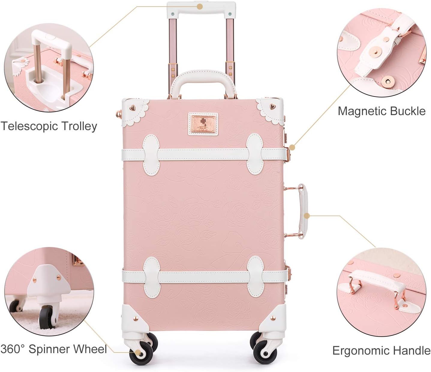 review UNIWALKER Vintage Luggage Set, 2 Piece Women Carry on Trolley Suitcase with Spinner Wheels, Handcraft Leather Travel Bag with Cosmetic Train Case, 20