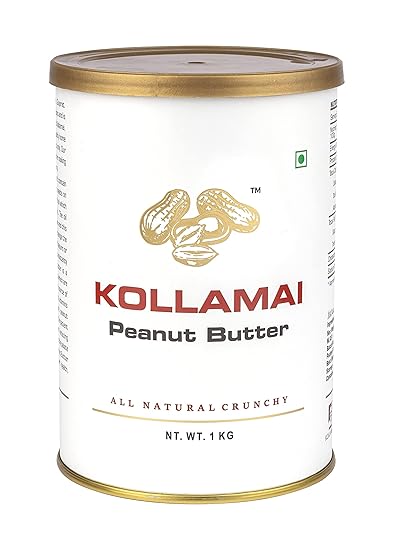 KOLLAMAI Natural Crunchy Unsweetened Peanut Butter Organic Healthy 32g High Protein Low Fat Zero Sugar Crispy Smooth Creamy Unsalted Vegan Energy Booster made with Roasted Peanuts 1kg can (Pack of 1)
