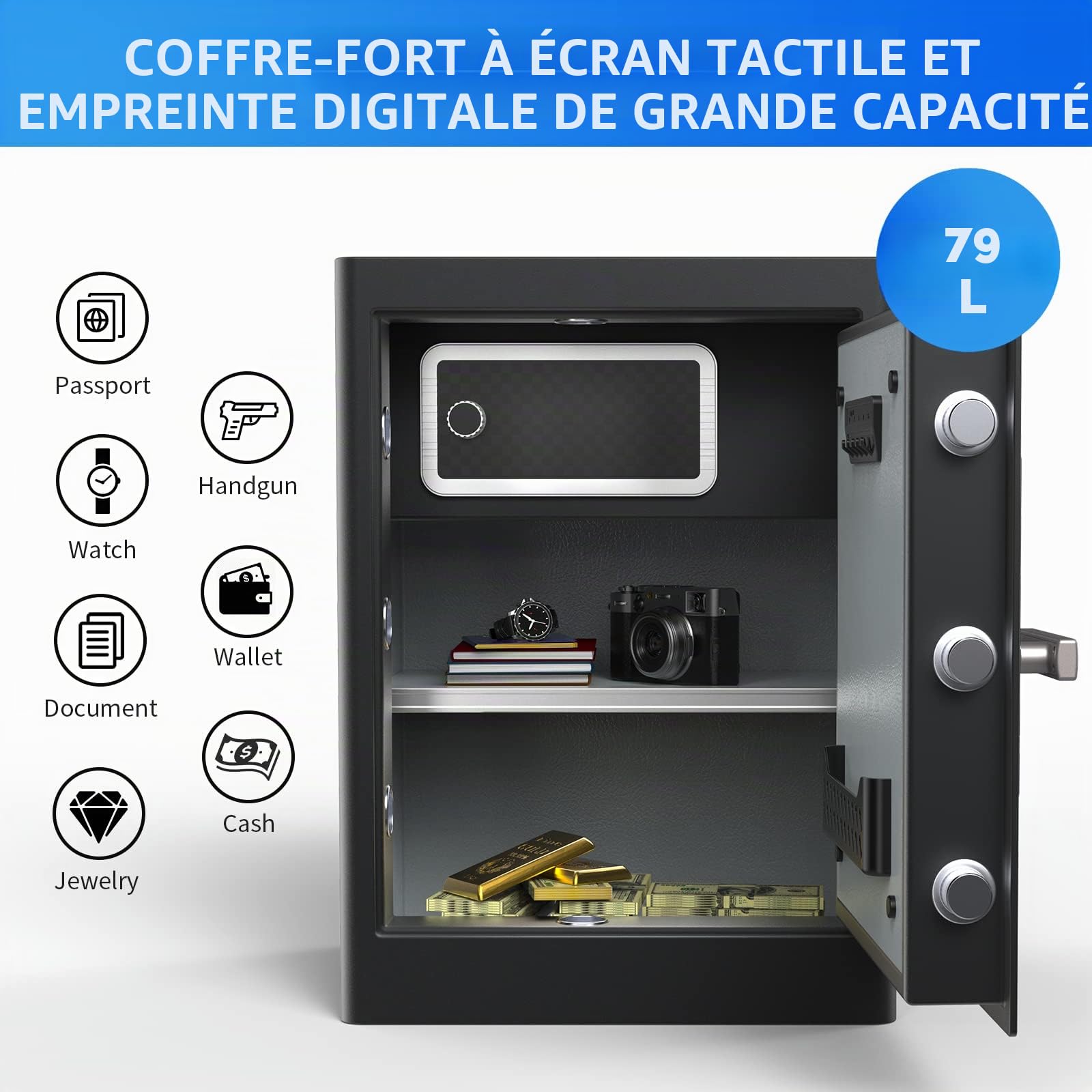 RPNB Deluxe Coffre-fort domestique et casier, coffre-fort de sécurité biométrique à empreintes digitales avec affichage tactile et synthèse vocale, double alerte, coffre-fort de sécurité noir pour la